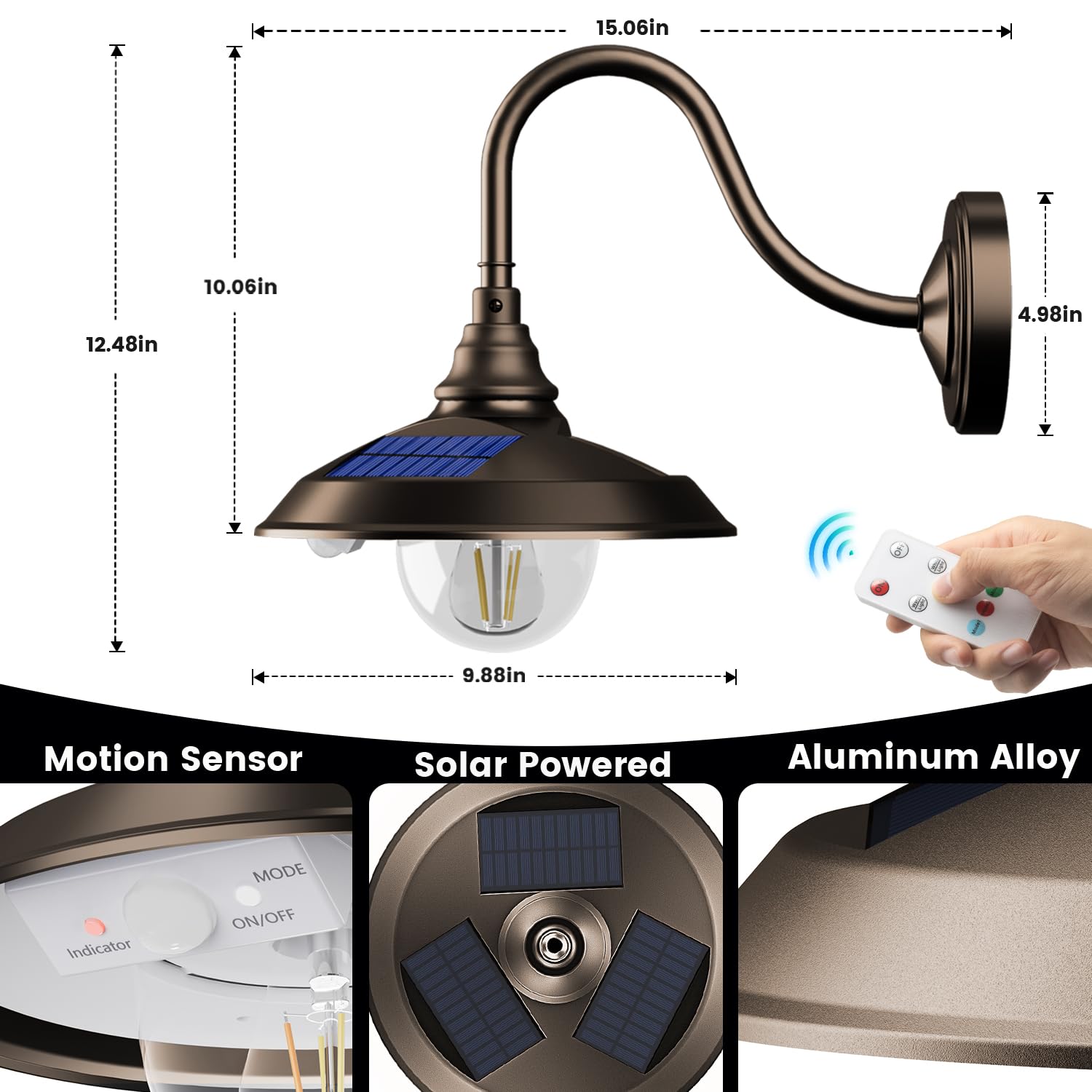 Siedinlar Solar Barn Light Outdoor 3 Modes 2 Lighting  Aluminum Vintage Farmhouse Gooseneck Wall Light Waterproof With Remote & Motion Sensor For Barn Garage Shed Chicken Coop Dark Bronze (2 Pack)