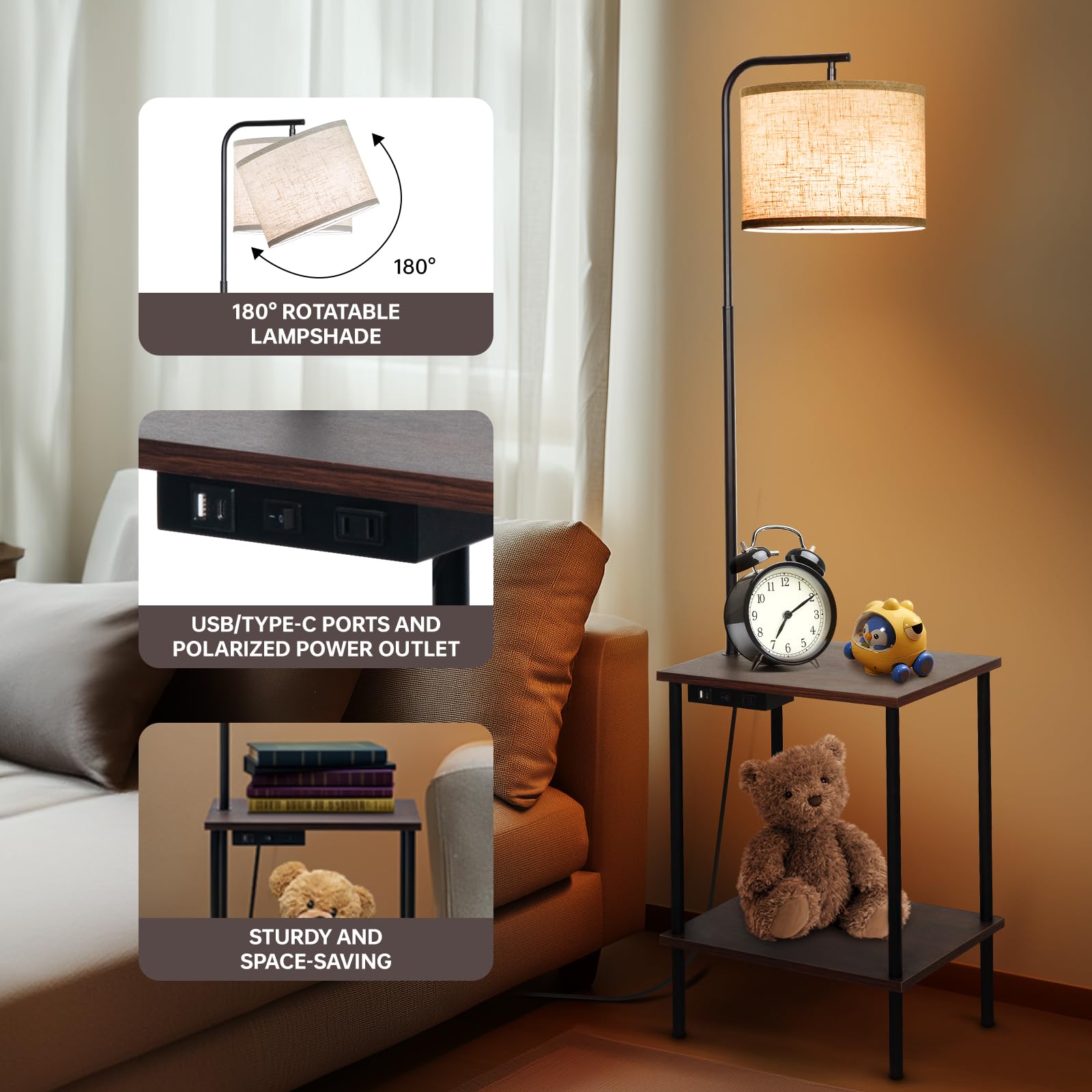 Eoeyyoyb Floor Lamp With Table, End Table Lamp With Usb Charging Port Power Outlet And Shelves, Side Table Reading Light With 3