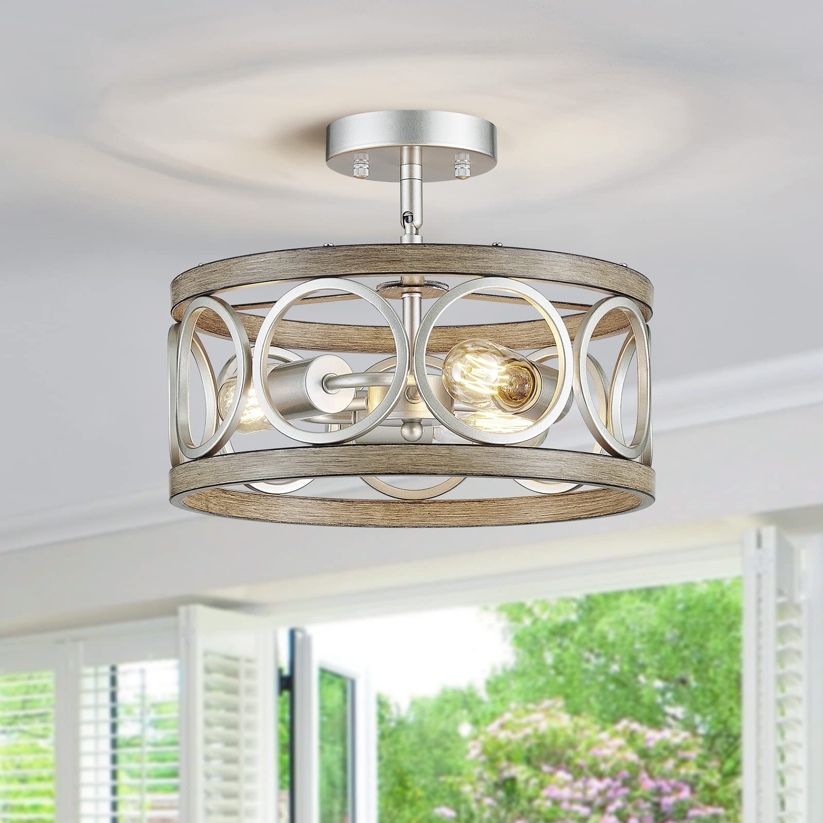 Xingqi 3-Lights Modern Ceiling Light Fixture Brushed Nickel Rustic Semi Flush Mount Ceiling Lights Wood Grain Metal Round Lamp For Kitchen Dining Room Bedroom Entryway