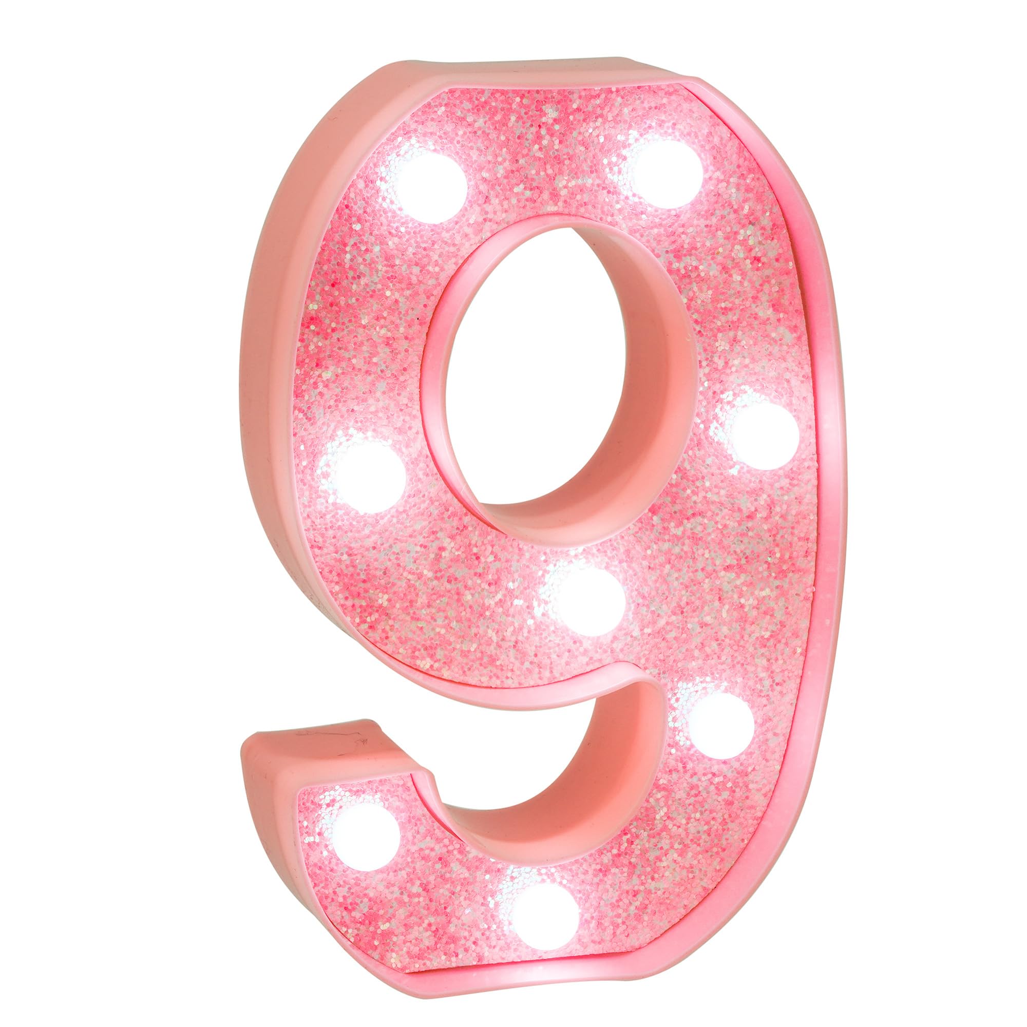 EUFONY Pink Glitter LED Marquee Light Up Number 9 with Cool White Lights, Battery-Powered Numbers sign for Girls Birthday Party