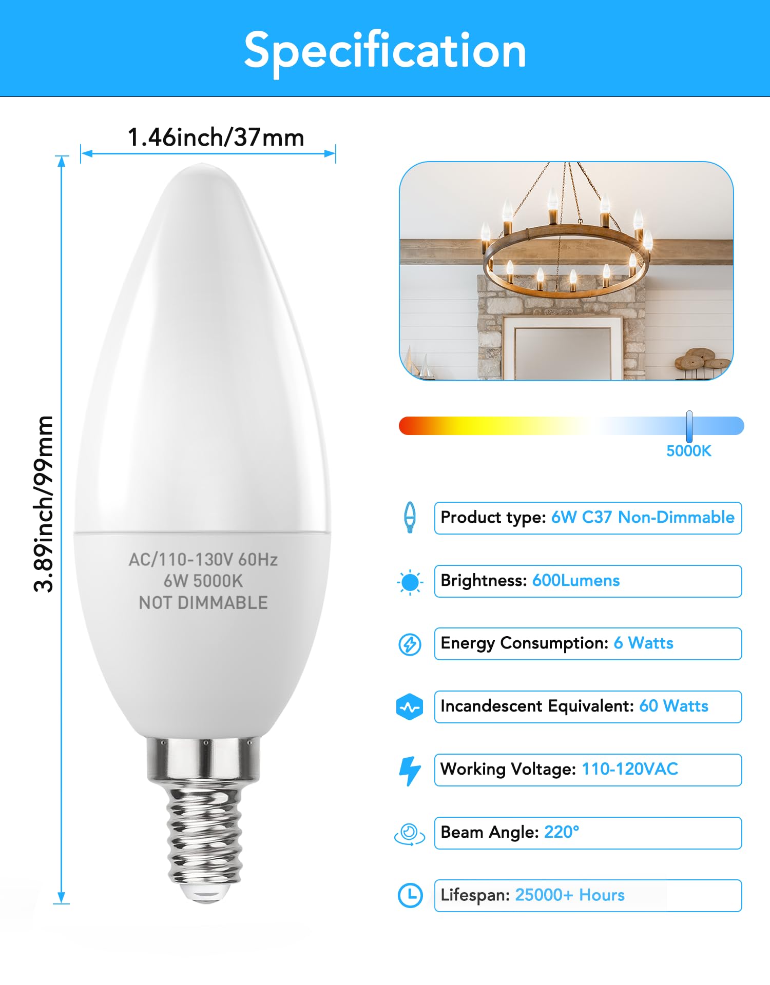 PARTPHONER E12 Base LED Light Bulbs 6W Non-Dimmable 600 Lumen Pack of 6 5000K Daylight White