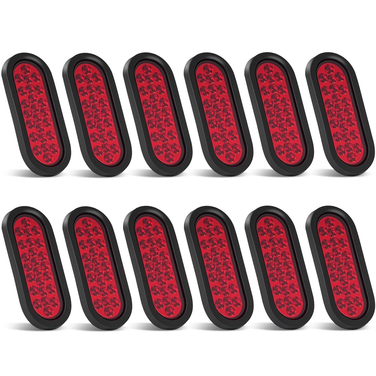 PVerandio 12Pcs 6 Inch Red 24 LED Tail Lights Oval LED Trailer Tail Lights for RV Truck Bus Boats 6 Oval LED Stop Turn Tail Lights w/ 3-prong Plug & Flush Mount Grommets Sealed 12V Waterproof
