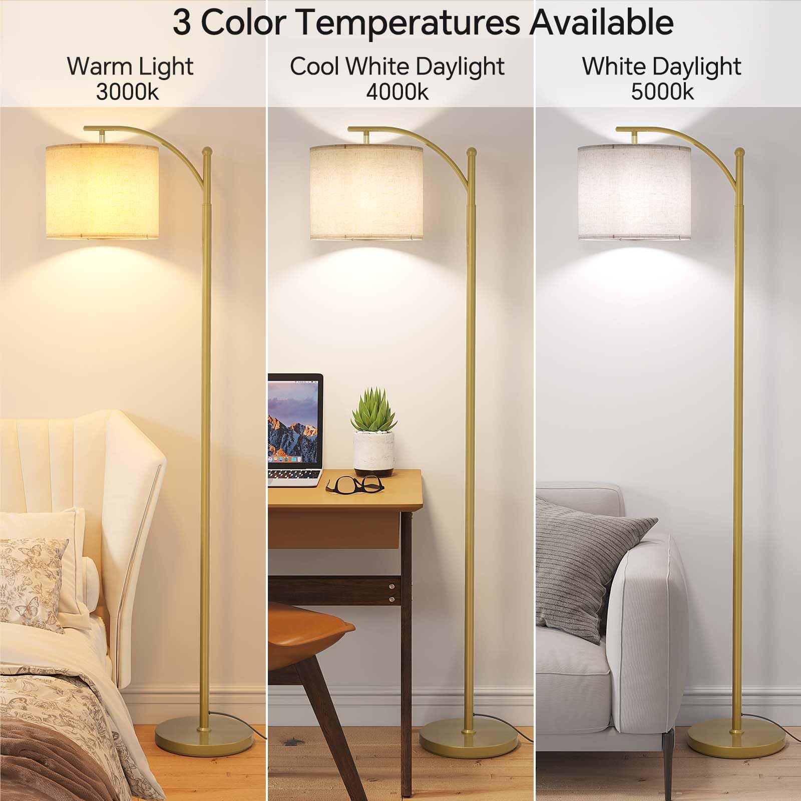 SUNMORY Arc Floor Lamp, Modern Design, 9W 3 Color Temperatures Bulb, Gold, Model MF18166A