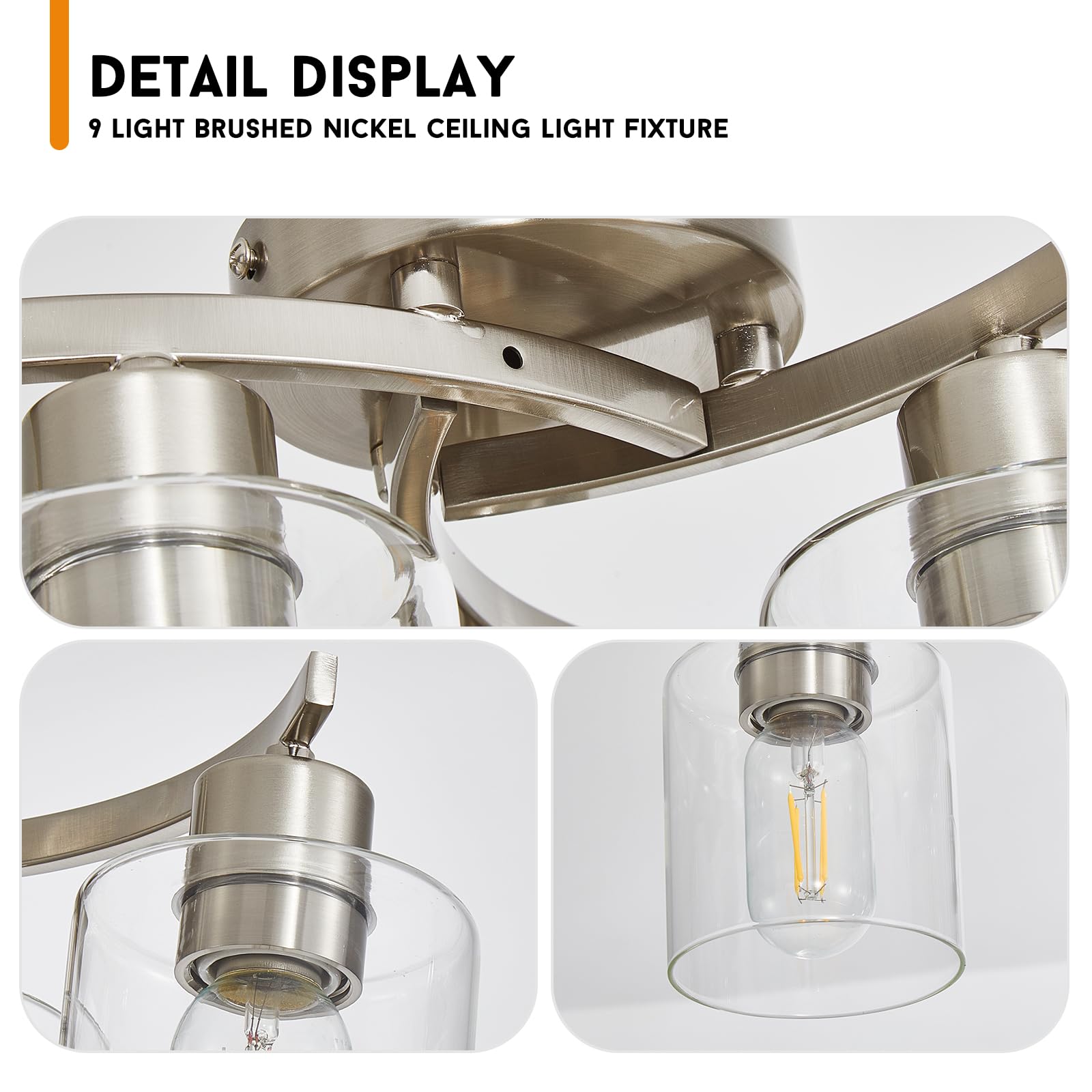 Eatich 9-Light Semi Flush Mount Ceiling Light, Modern Brushed Nickel Ceiling Light Fixture, Dining Room Light Fixture With Clear