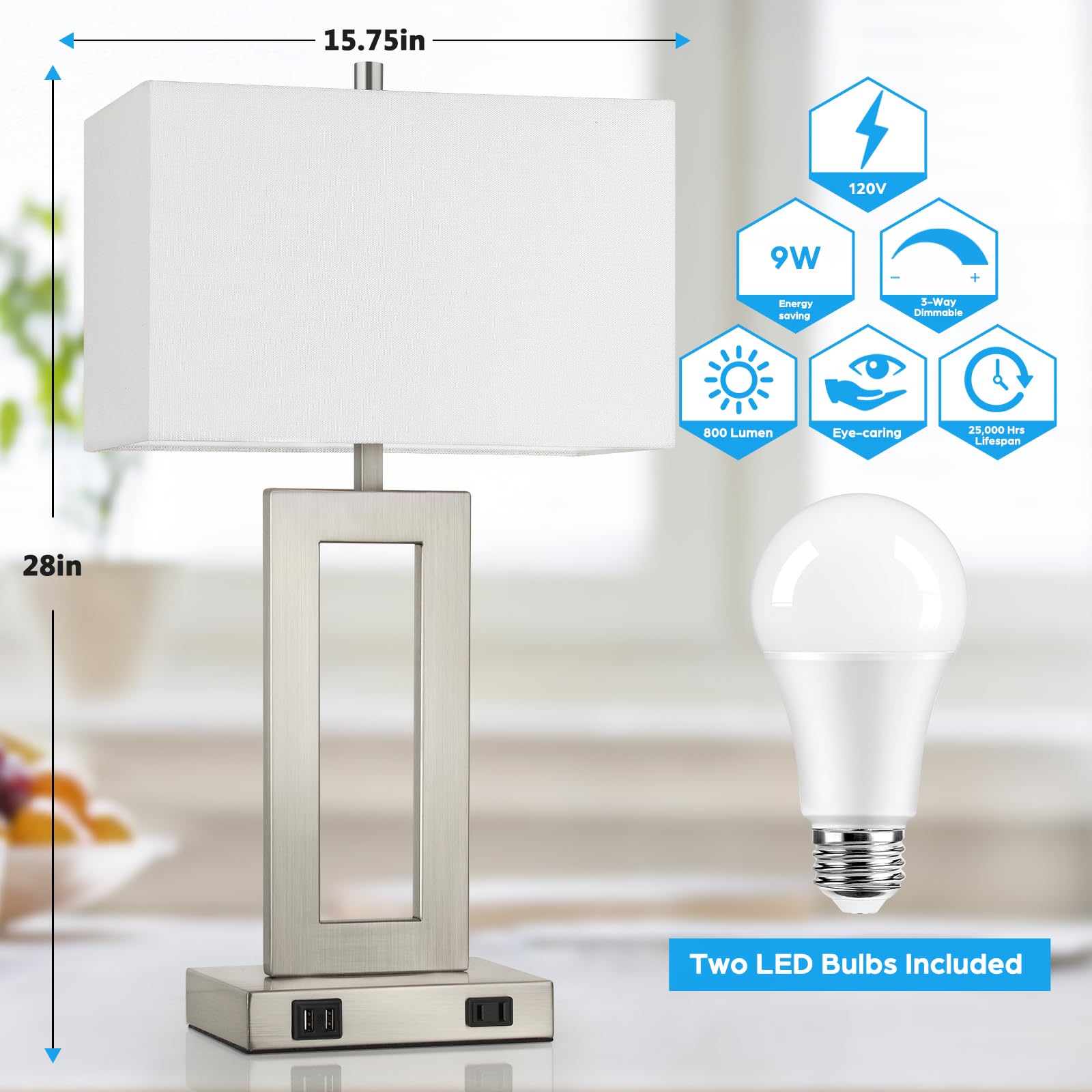 TOBUSA Modern Table Lamps Set of 2, 28in Tall, 3-Way Dimmable Touch Control, Metal & Fabric, White & Silver, Model T0344L-ST+