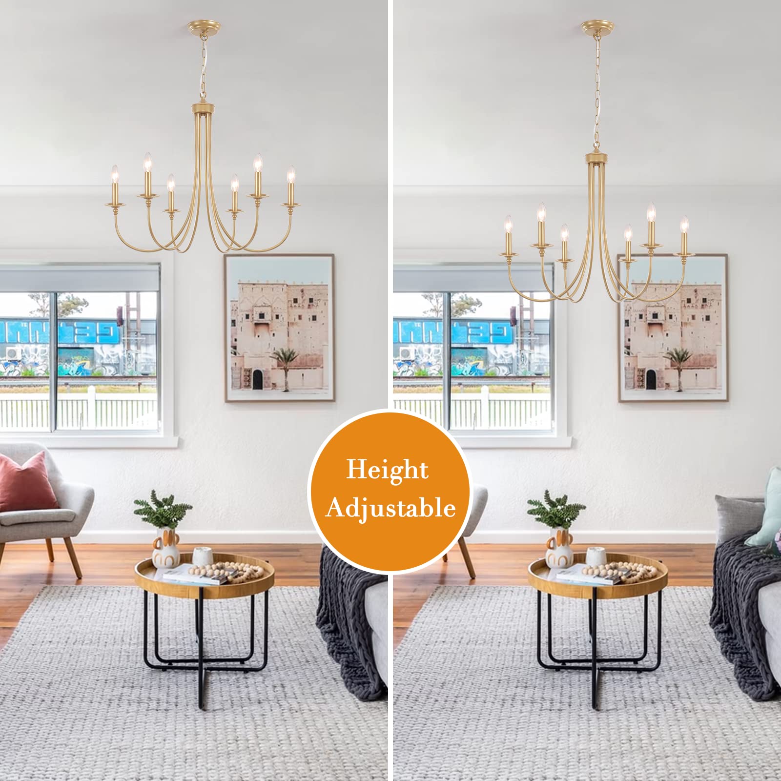 Alisadaboy Gold Farmhouse Chandelier Modern Candlestick Dining Chandelier Light Fixture Industrial 6 Light Pendant Lighting For