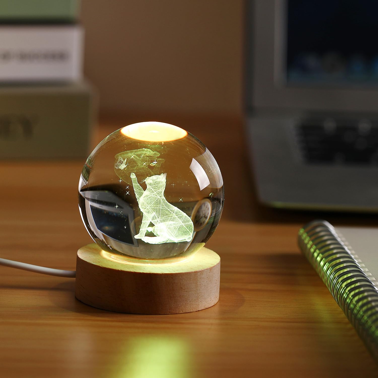 Youercrystal 3D Cat Figurine In Crystal Ball Nightlight With Colorful Led Base, Cute Cat Lover Gifts For Woman, Crystal Glass Kitten Collectibles Kitty (60Mm Ball)