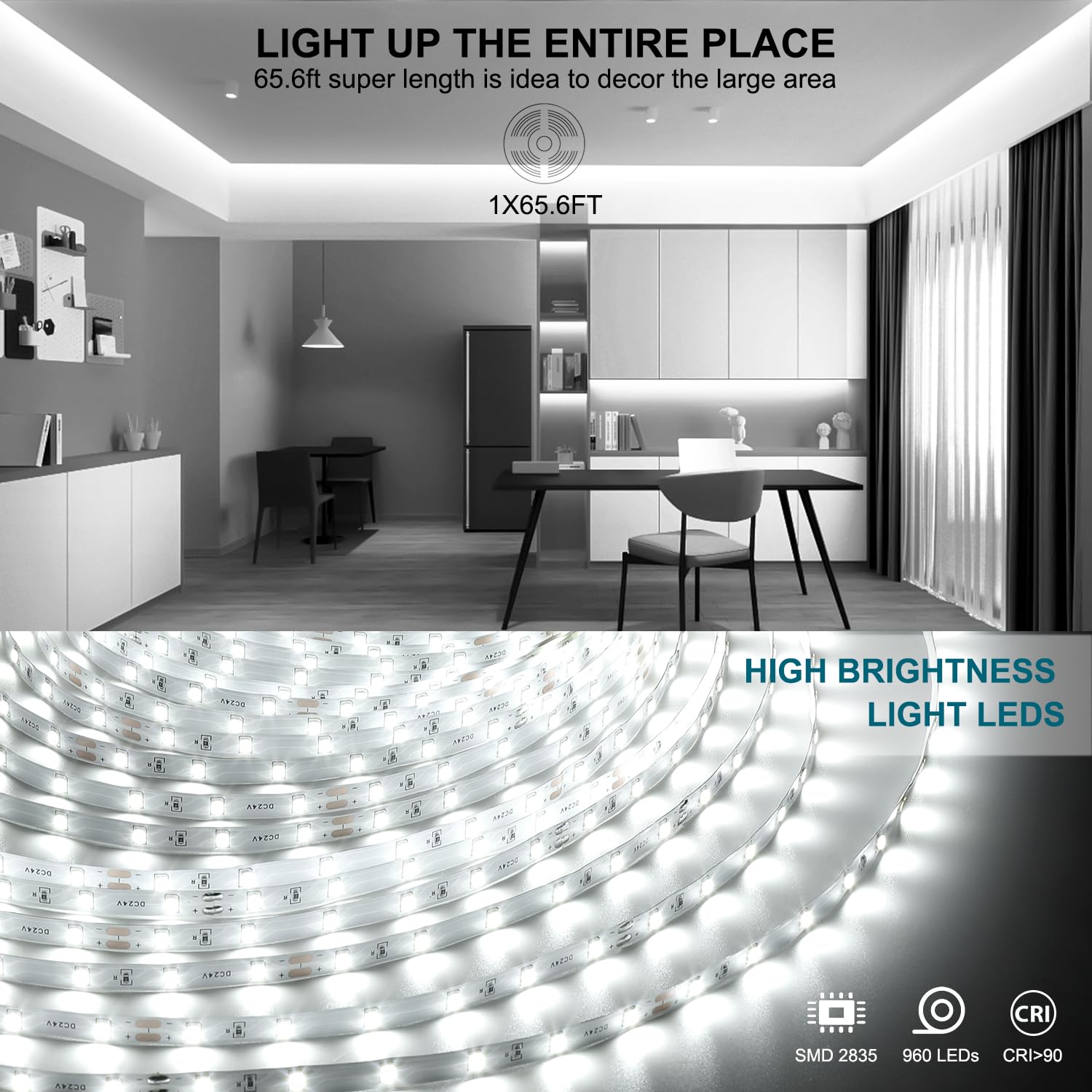 Wefomey LED Strip Lights 65.6ft 960 LEDs Dimmable 24V 6500K Daylight White for Bedroom, Kitchen, Cabinet, Christmas Decor
