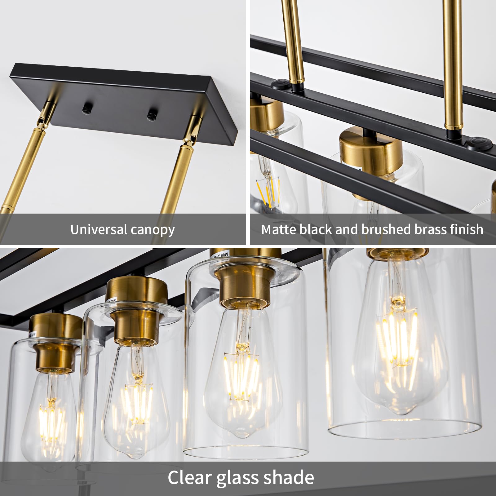Hccz 6-Light Modern Chandelier, Black & Brushed Brass, Glass Shade For Dining Room & Kitchen