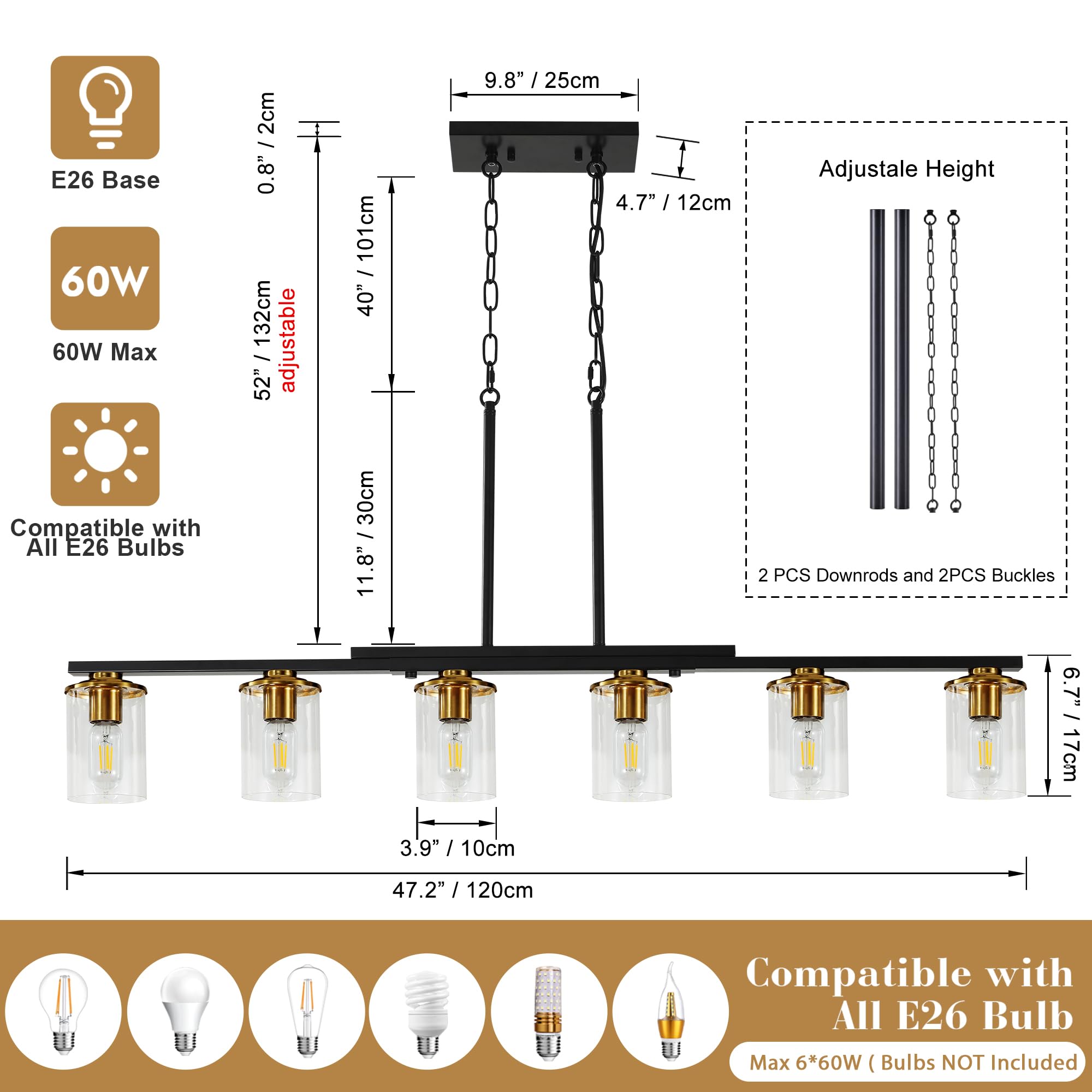XvmBvm 6-Light Kitchen Island Chandelier, Modern Rustic Black and Gold, Clear Glass Shade, Model X3002-6