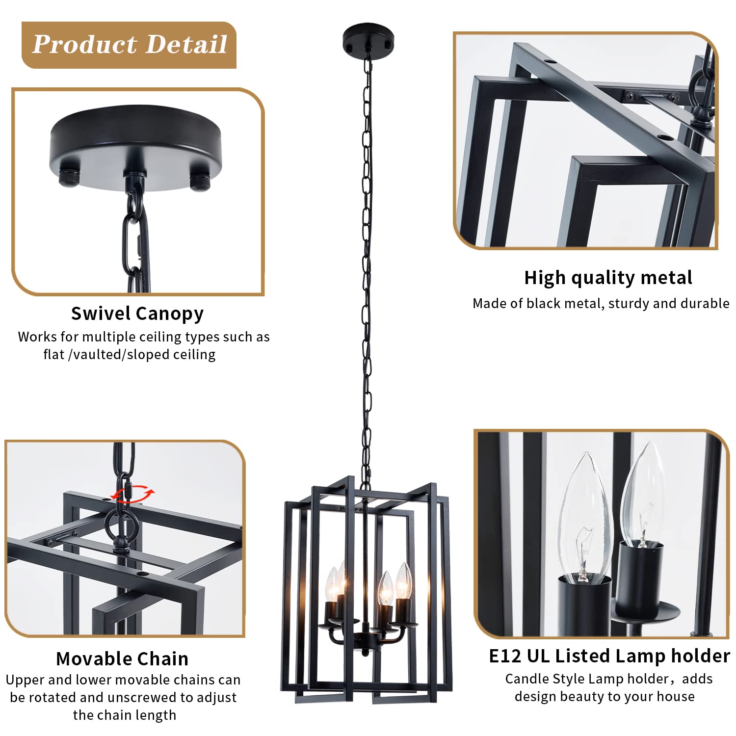 Ejerlya Farmhouse Lantern Chandelier, 4-Light Metal Pendant Light, Adjustable Height, Black Square Cage for Kitchen, Living Room, Hallway