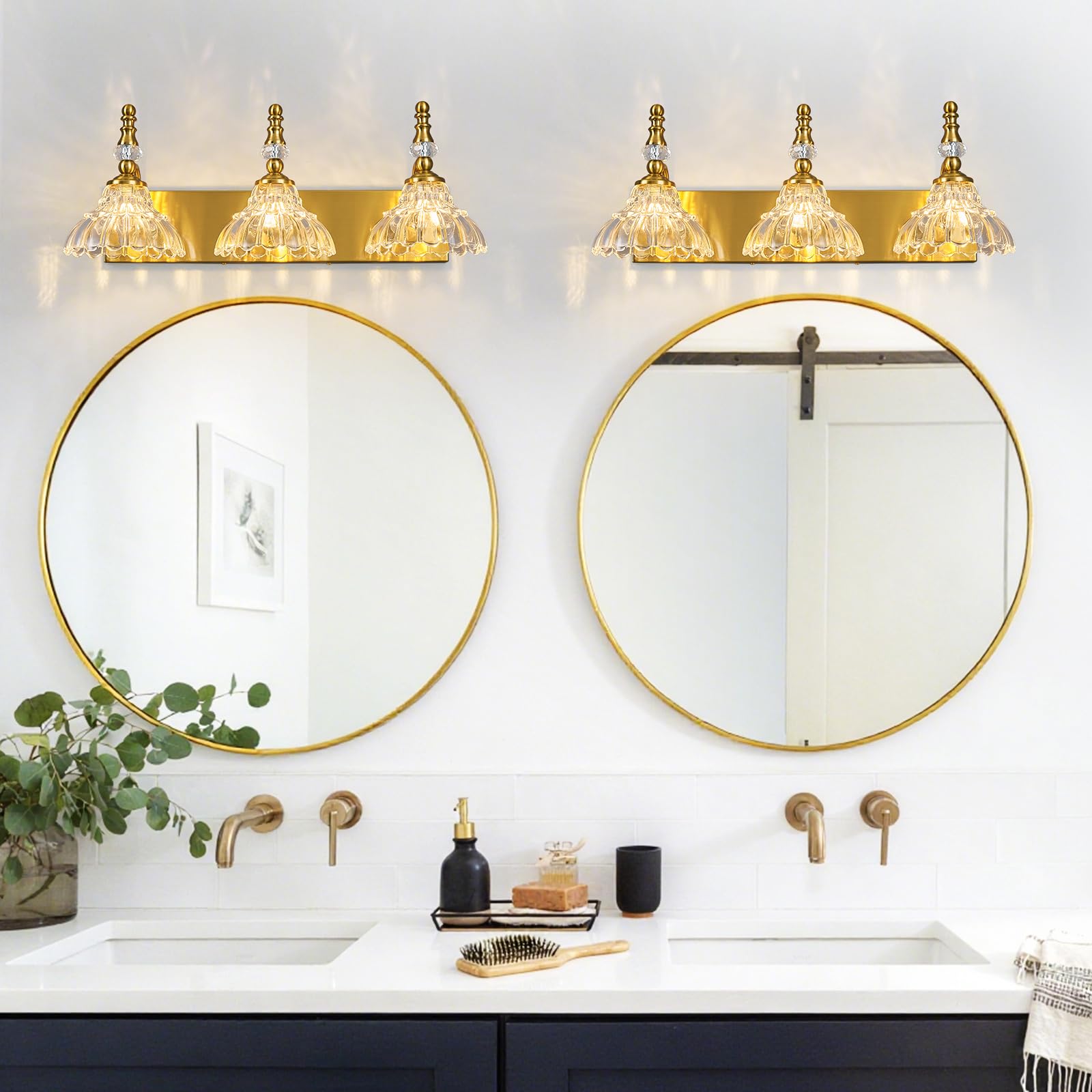 Lbsqj Vintage Bathroom Vanity Light  3-Light Gold Vanity Lighting Fixture With Flower Glass Shade  Bathroom Lighting Fixtures Over Mirror