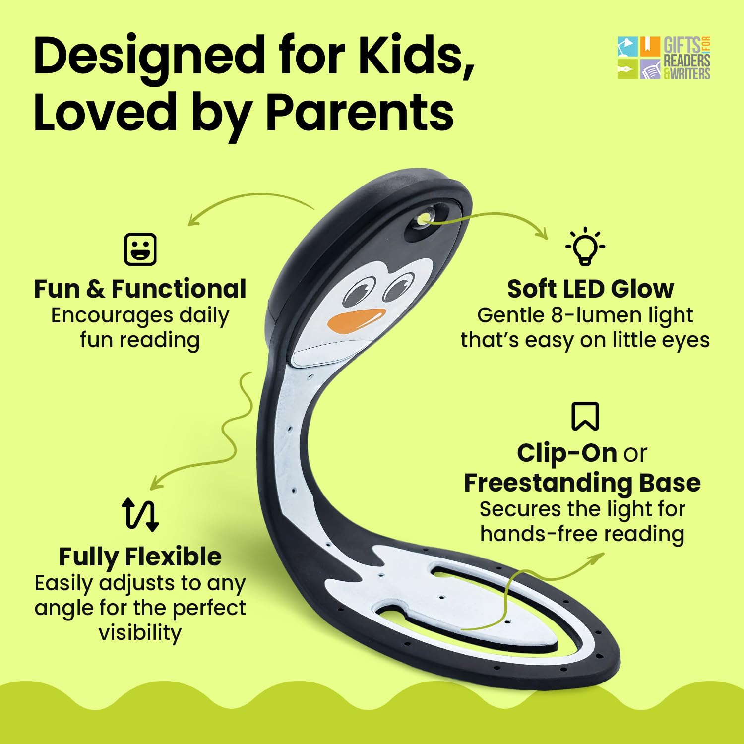 Gifts for Readers & Writers Flexilight Reading Light - 2 in 1 Bookmark LED Clip On Lamp, Battery Operated, Penguin Color