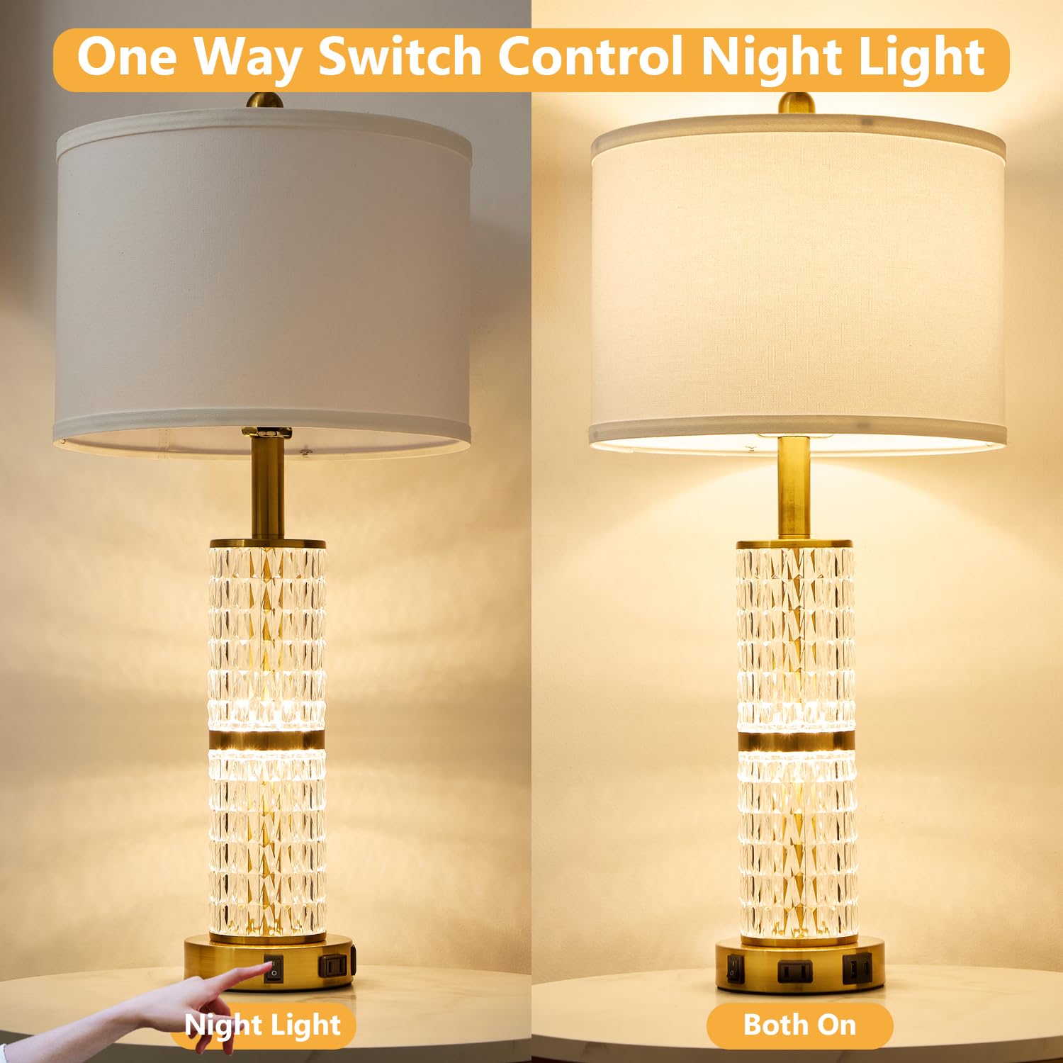 SAIWEYA Crystal Table Lamp Set of 2, 3-Way Dimmable Touch Lamps with USB Ports, Gold, 27In, Model TM-T10-N