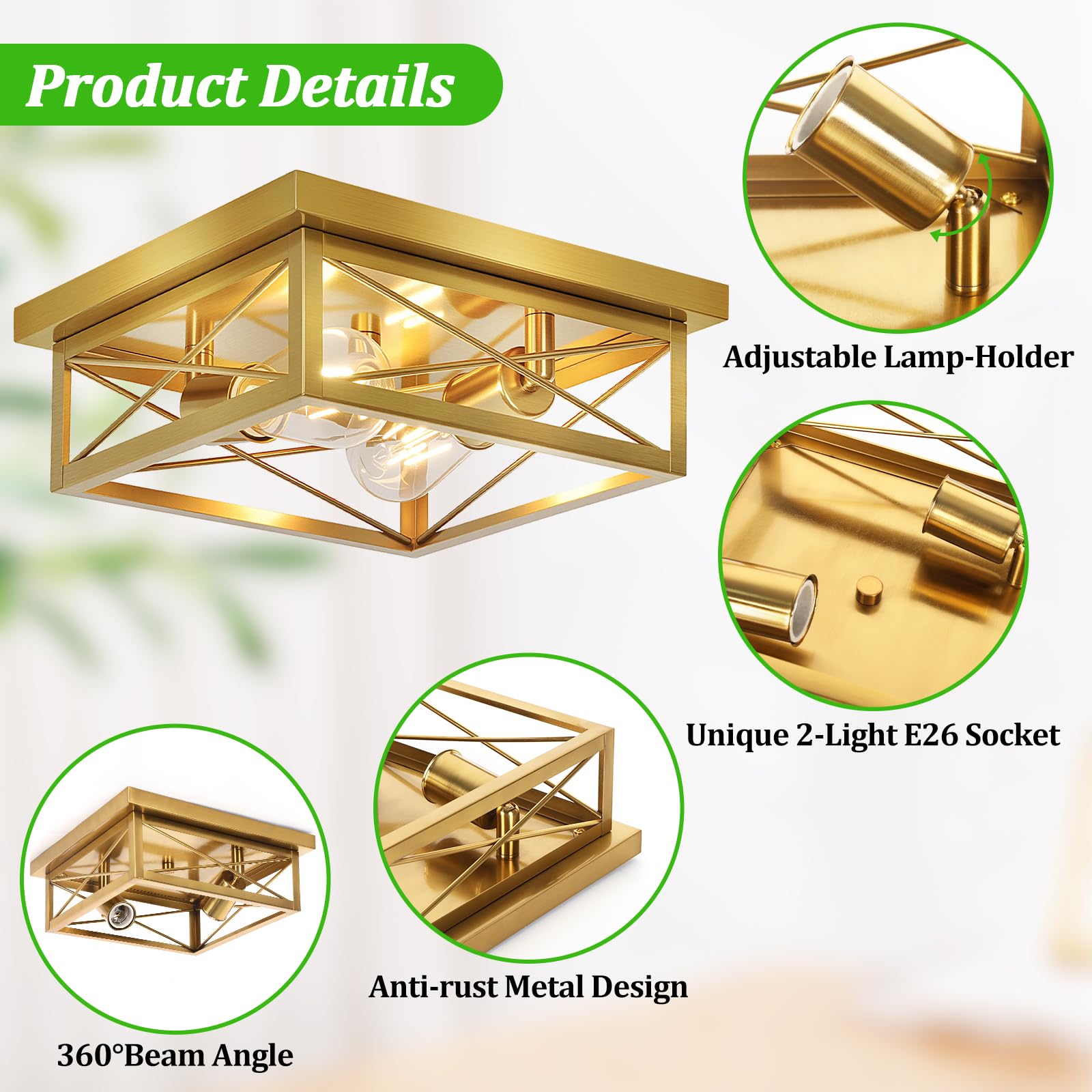 Kondras 2-Light Flush Mount Ceiling Lights, Brass Metal, Gold, 2-Pack, Model X11016P(2PK)