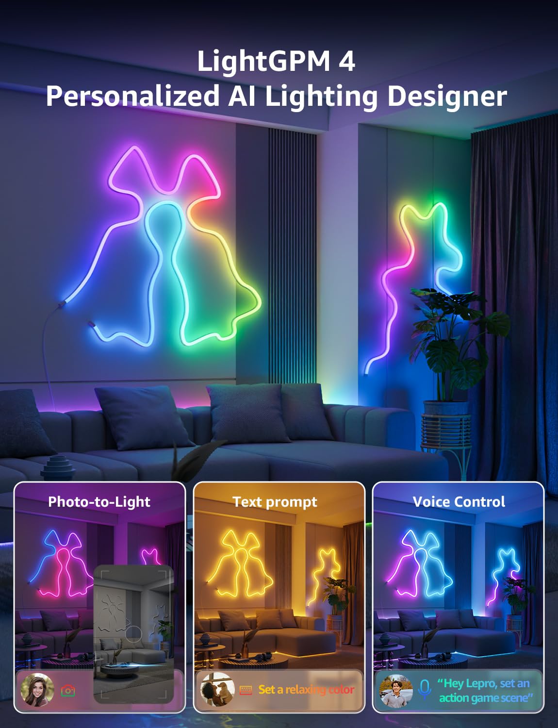 Lepro N1 AI Smart RGB Rope Lights, 32.8ft Multicolor LED Strip, Voice Control, Music Sync, App Compatible