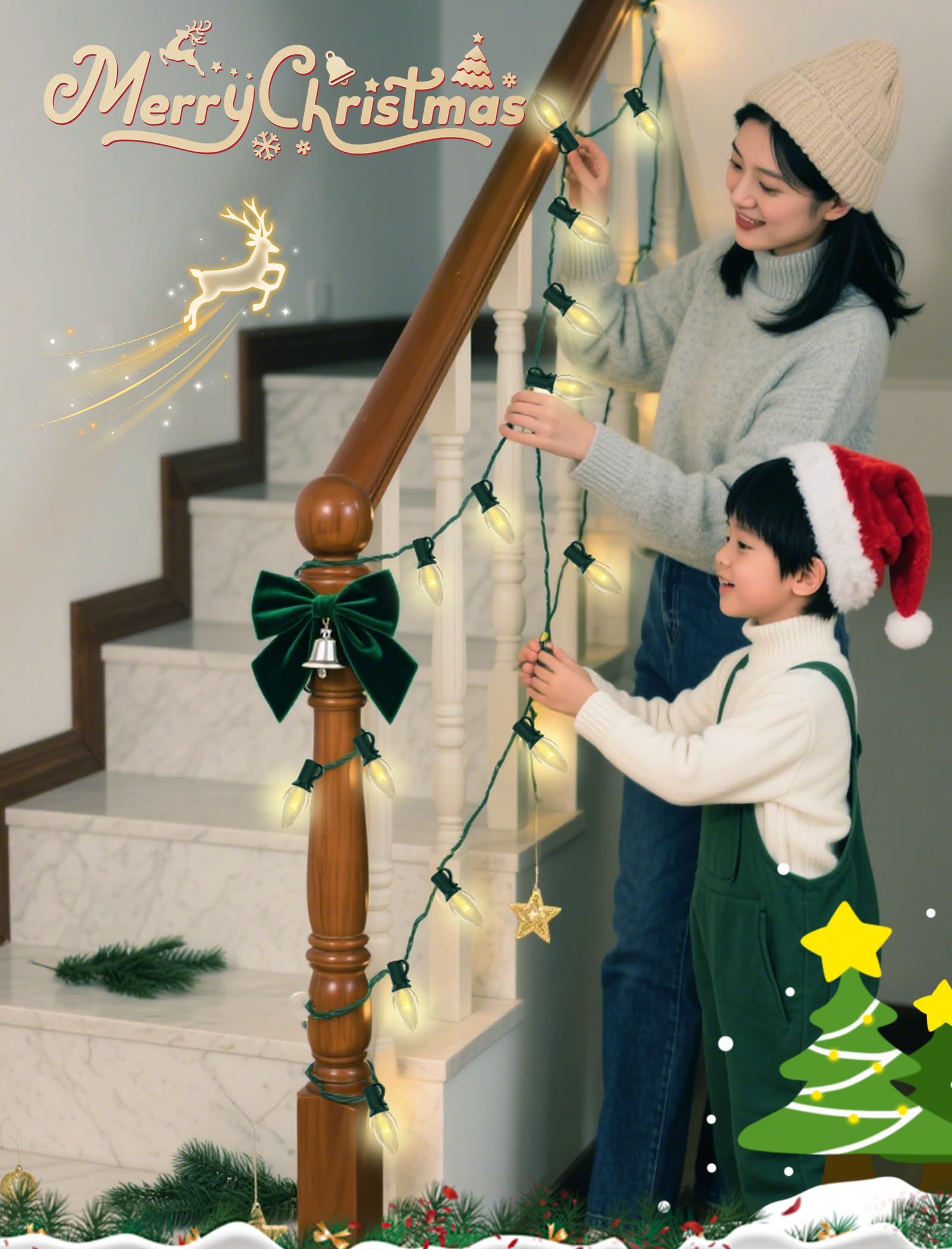 Xingzd 25Ft Clear Christmas Lights Outdoor  C7 Vintage String Lights With 25 Clear Incandescent Bulbs  Hanging Patio Lights For Porch Roofline Christmas Tree Garden Pathway Indoor Decor  Green Wire