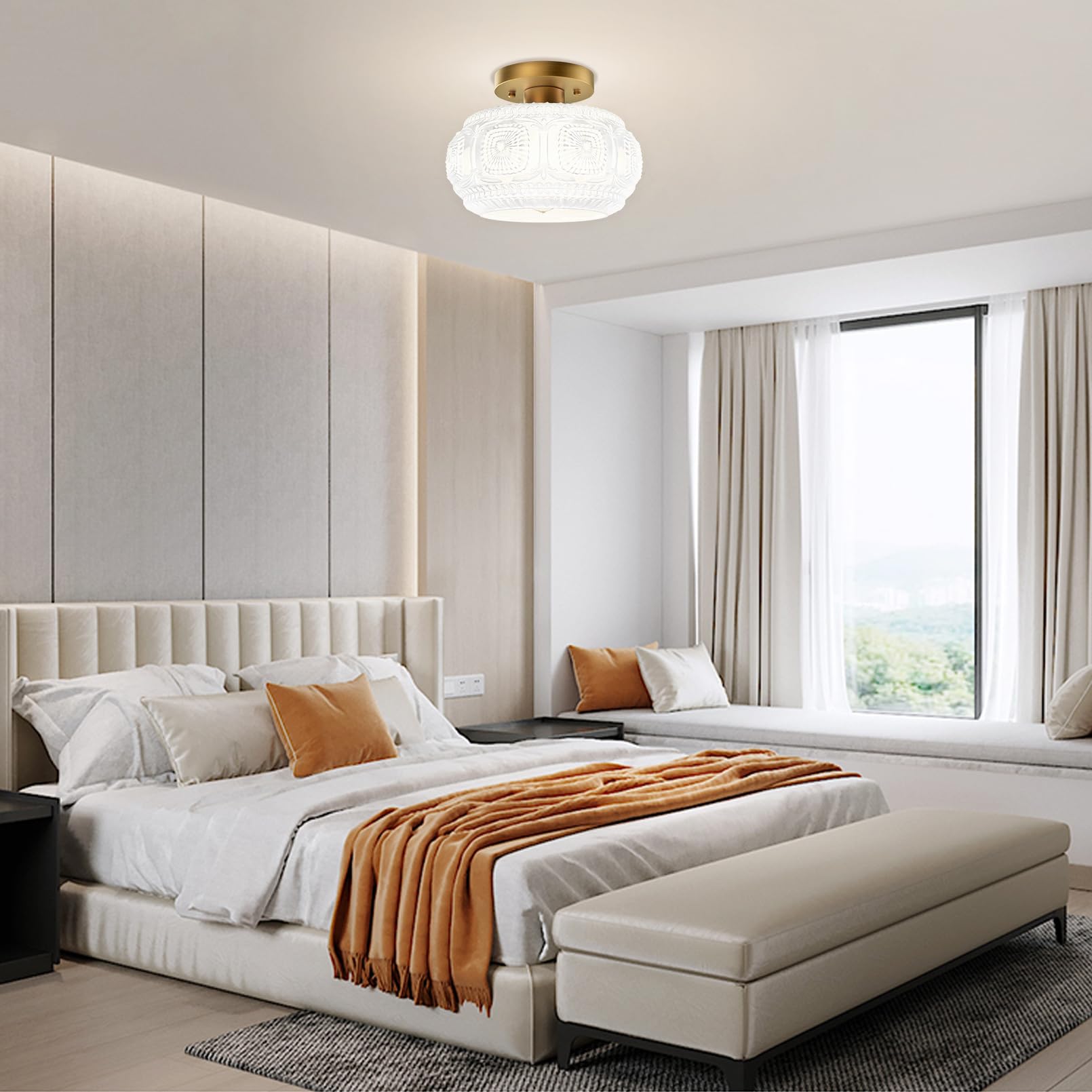 Oykyohei Semi Flush Mount Ceiling Light, Milk Glass Shade Modern Ceiling Light Fixture, Vintage Gold Lighting For Hallway Bedroo