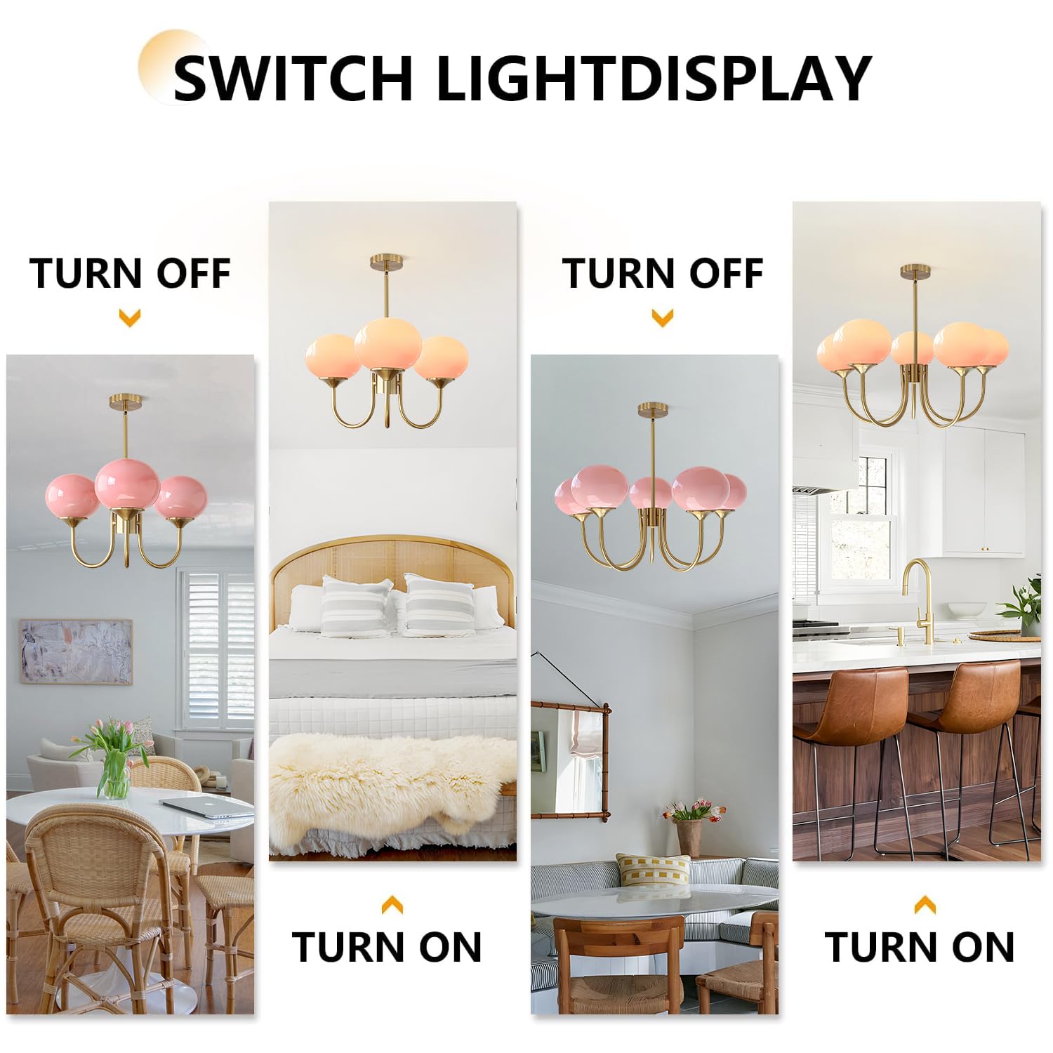 BOKT Modern Pink Sputnik Chandelier, 3-Light Brushed Gold Fixture, Adjustable Height, Mid Century Design, Model BP1110-3