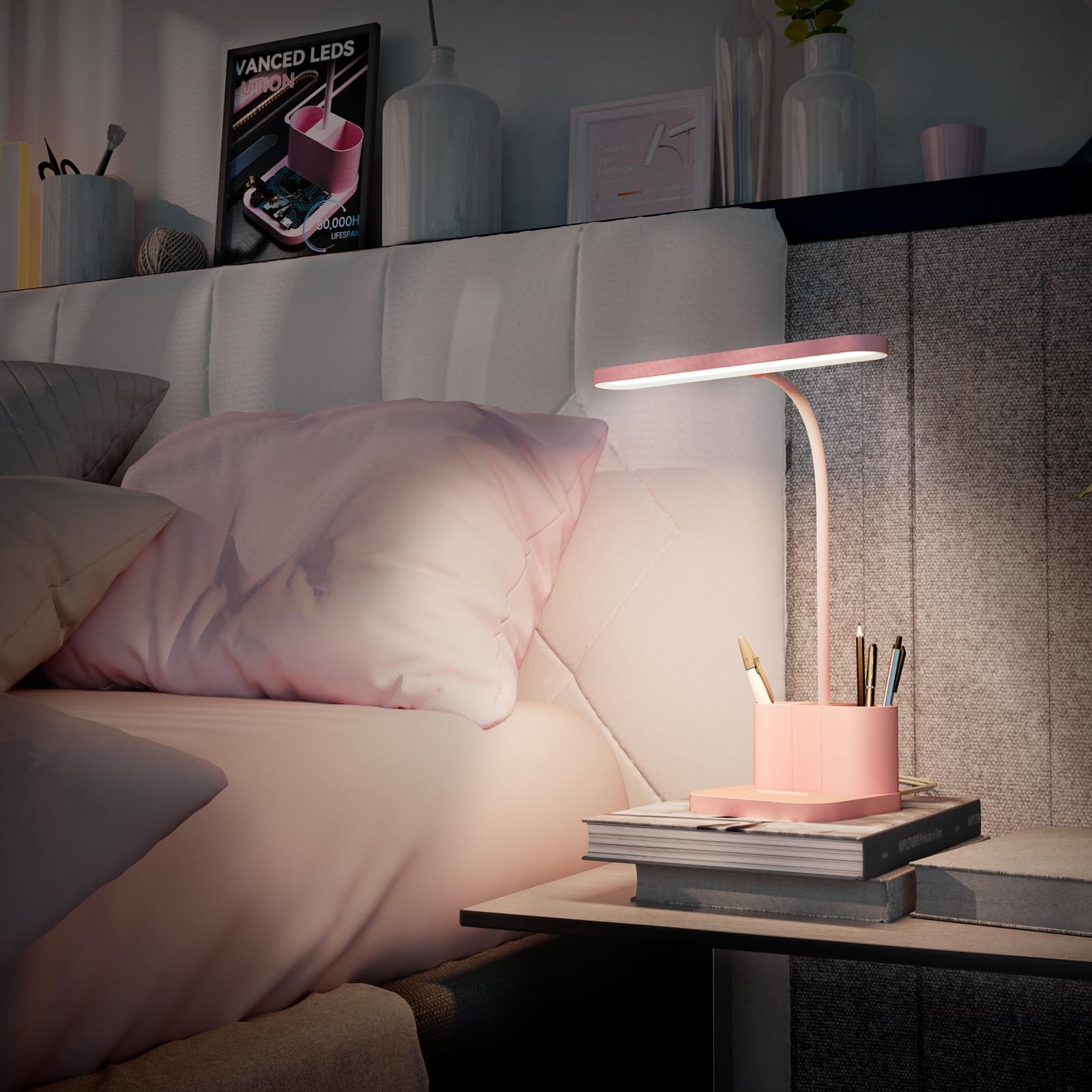 Axx Pink Desk Lamp For Home Office, Cute Table Lights For Bedrooms, Kawaii, Dimmable Led, Flexible Gooseneck, Pen Holder, Touch