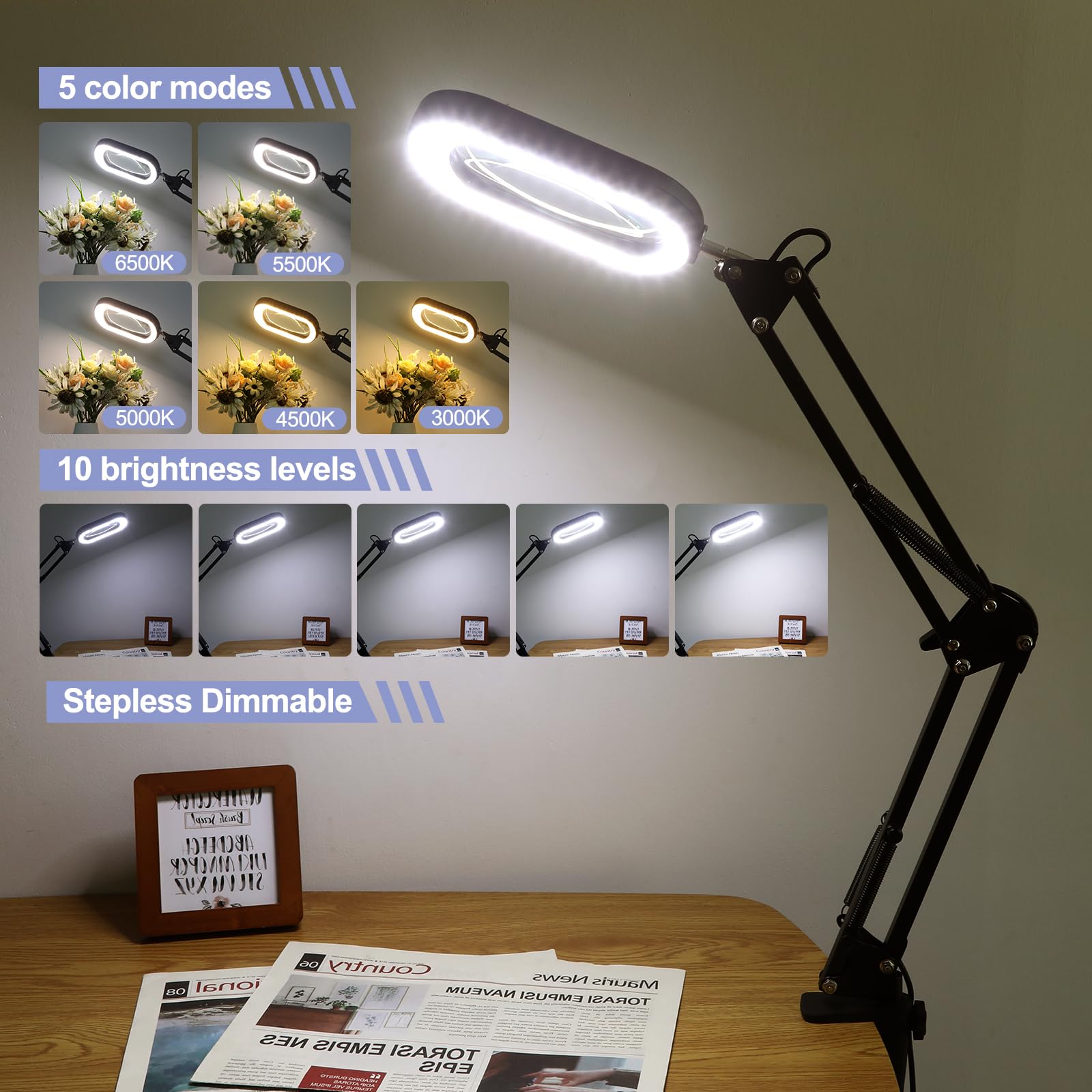 10X Rectangle Magnifying Glass With Light And Stand, 5*3 Inch Real Glass 5 Color Modes Stepless Dimmable Arm Swing Led Floor Lam