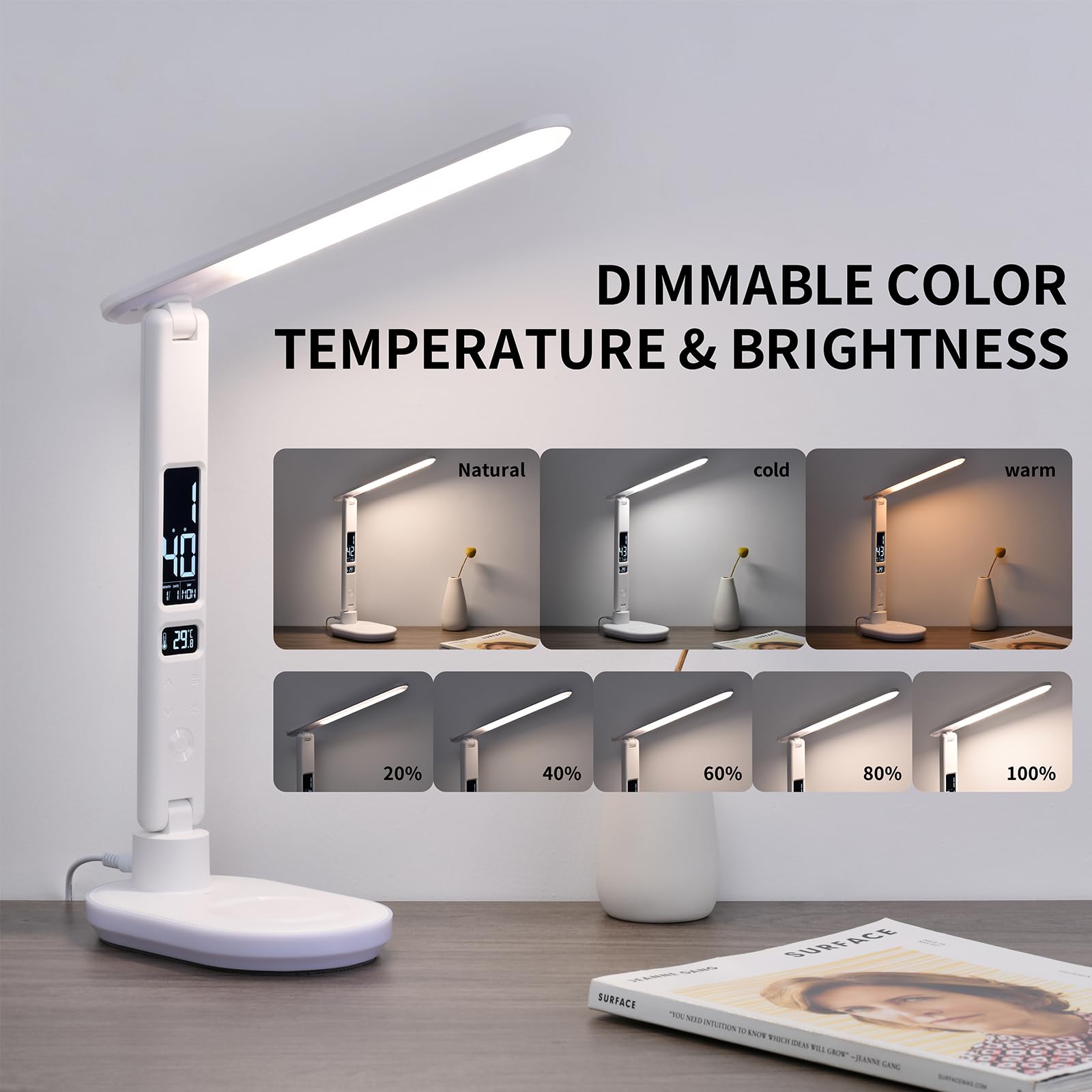 Morwealth LED Desk Lamp with 10W QI Wireless Charging, Flexo Table Lamp with 3 Colors and 5 Brightness Levels with Charging Func