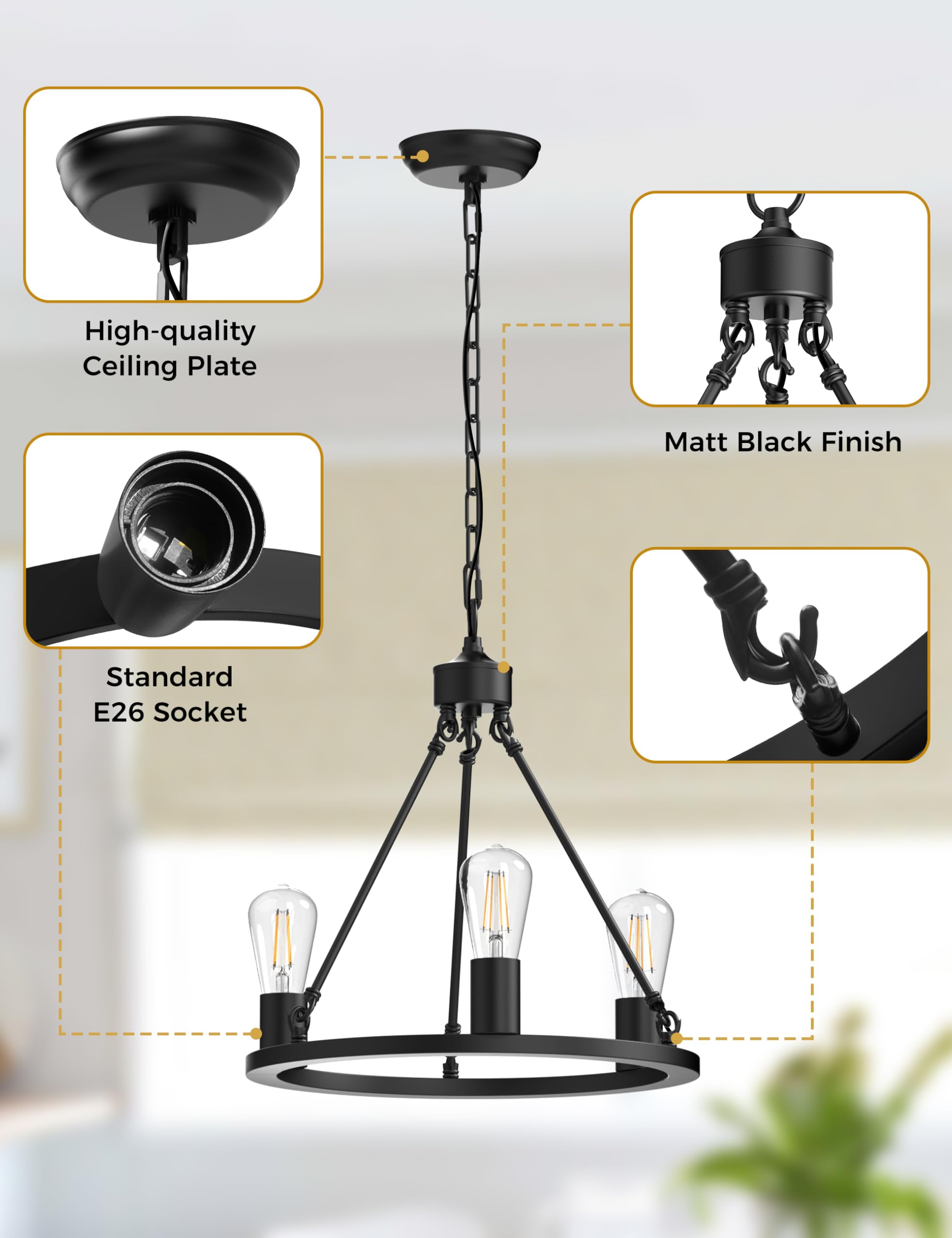 L LOHAS LED 3-Light Wagon Wheel Chandelier, 16" Adjustable Metal Fixture, Black for Dining Room & Kitchen Island