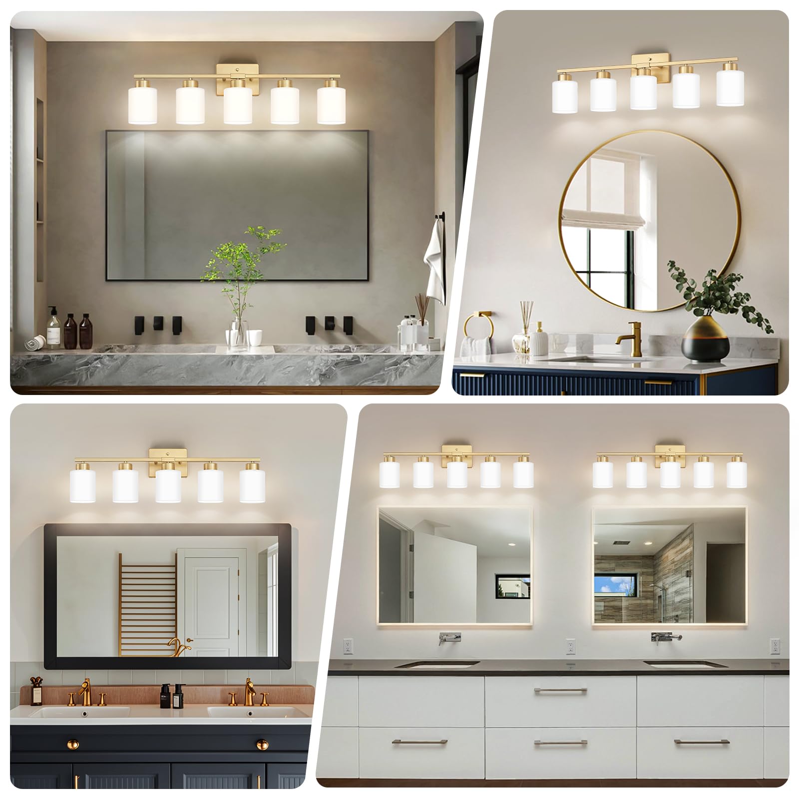 Fonmyim Gold Bathroom Light Fixtures, 5-Light Modern Vanity Light Over Mirror, Wall Sconces With Milky White Frosted Glass Shade