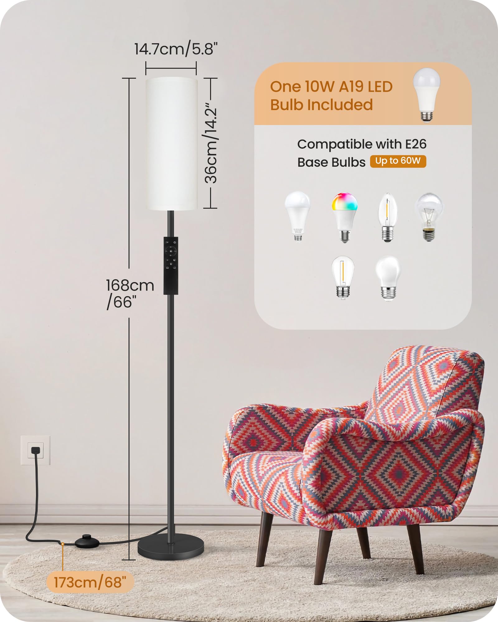 GOEBLESON Dimmable Floor Lamp with Remote & Foot Switch, 10W, 900LM, Linen Shade, Pure White, CW06LD05 Model