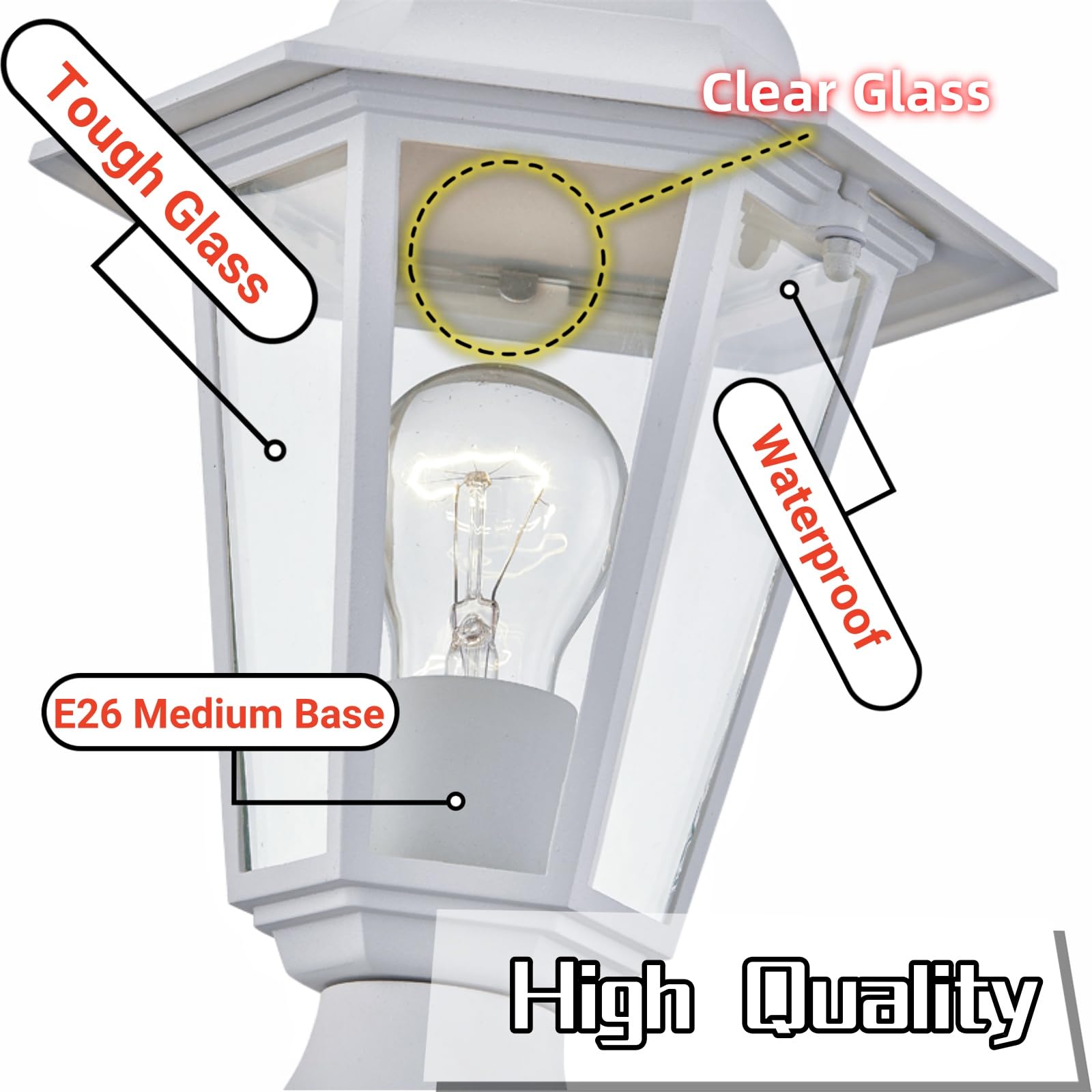 Wisbeam White Outdoor Post Light, Pole Lantern, E26 Base 60W Max, Aluminum Housing Plus Glass, Wet Location Rated, Etl Qualified