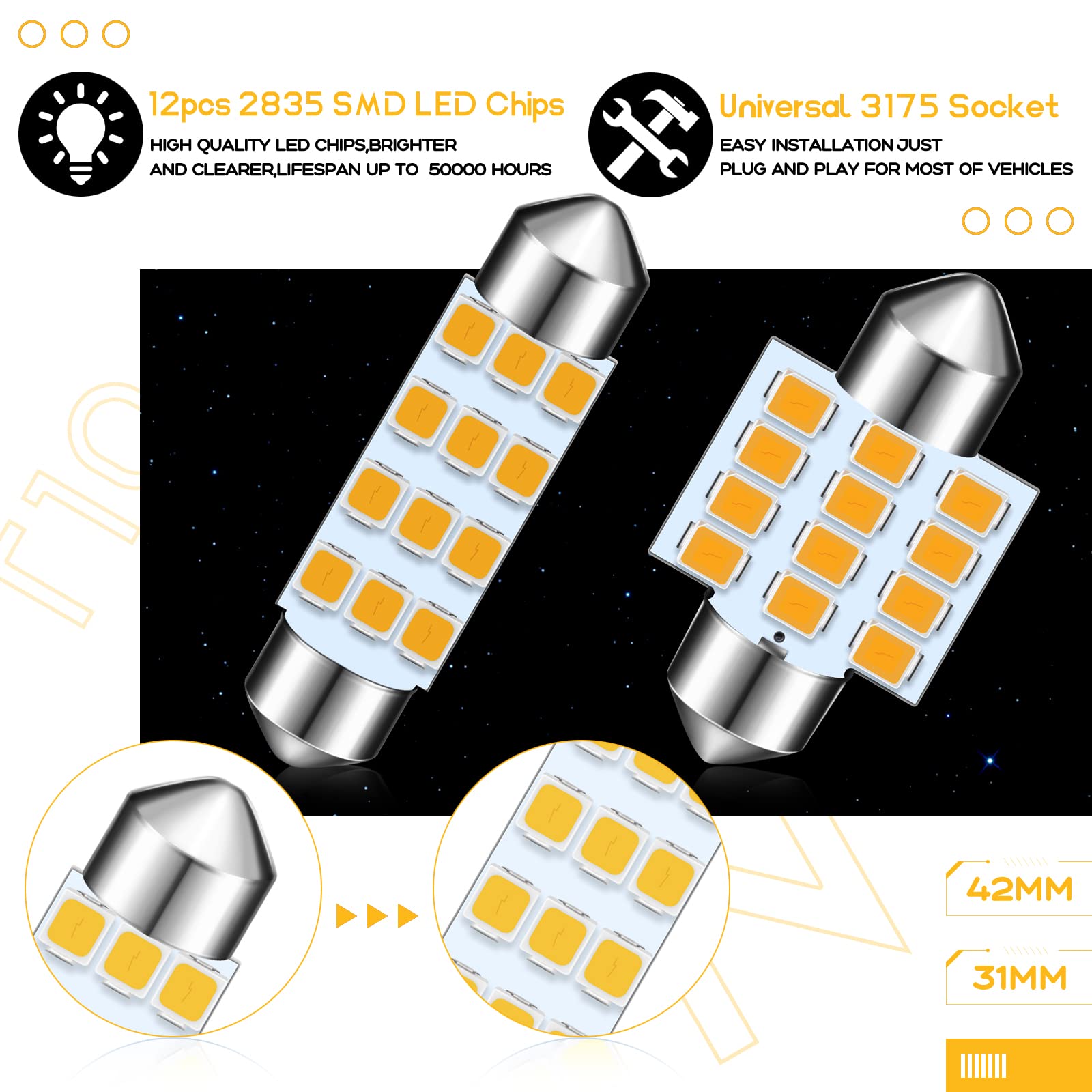 Tallew 24 Pieces Dome Light Led Car Bulb Kit Set T10 31 Mm 42 Mm Led Festoon Bulbs Interior Led Interior Replacement Bulbs For C