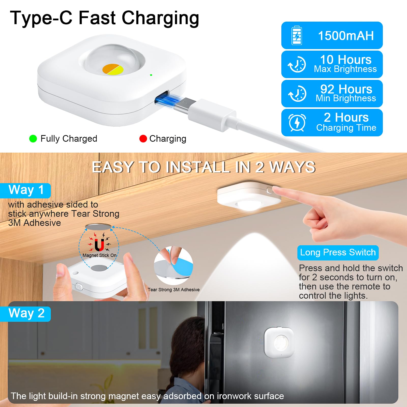 Puck Lights With Remote Control, Under Cabinet Lights Rechargeable, 1500Mah Battery,3 Color Temperatures, Dimmable Stick-On Ligh
