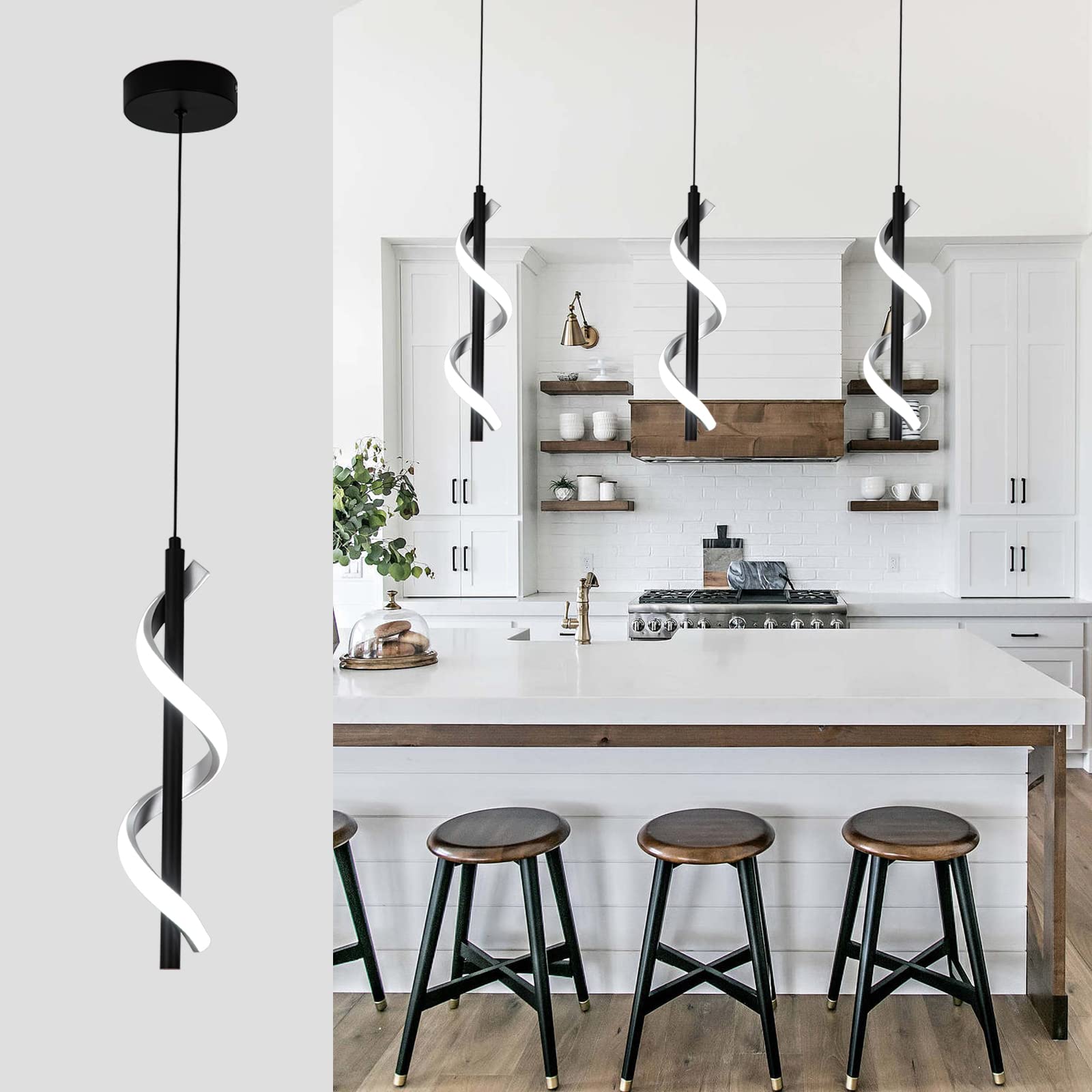 CANEOE Creative Led Pendant Light, 5500K Spiral Modern Modern Led Kitchen Island Light Fixture, 47In Adjustable Height Pendant L
