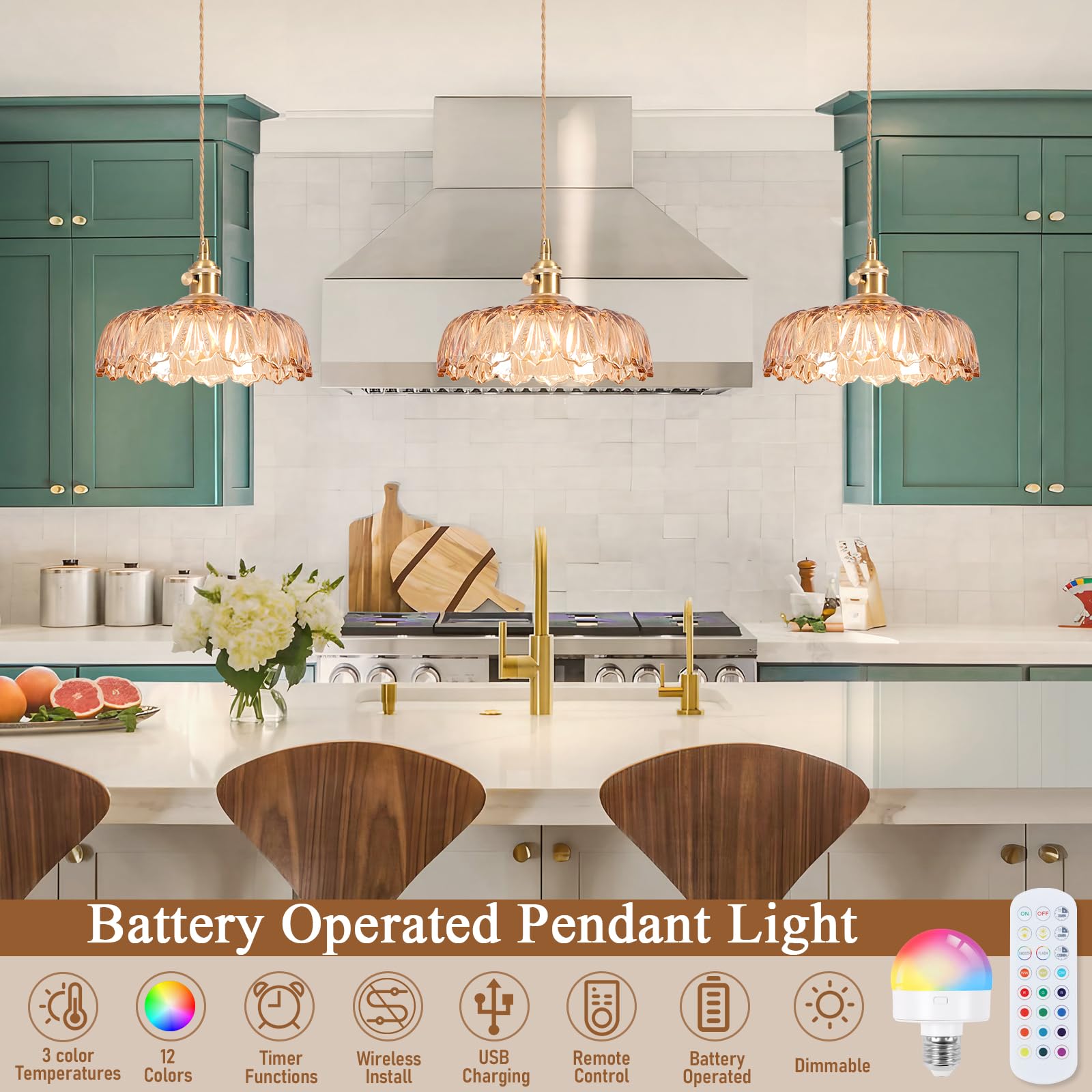 Loiogohot Battery Operated Pendant Light, Vintage 9.4in Amber Chandelier, Glass, Remote Control, Model PL-BN1167-CD-AM