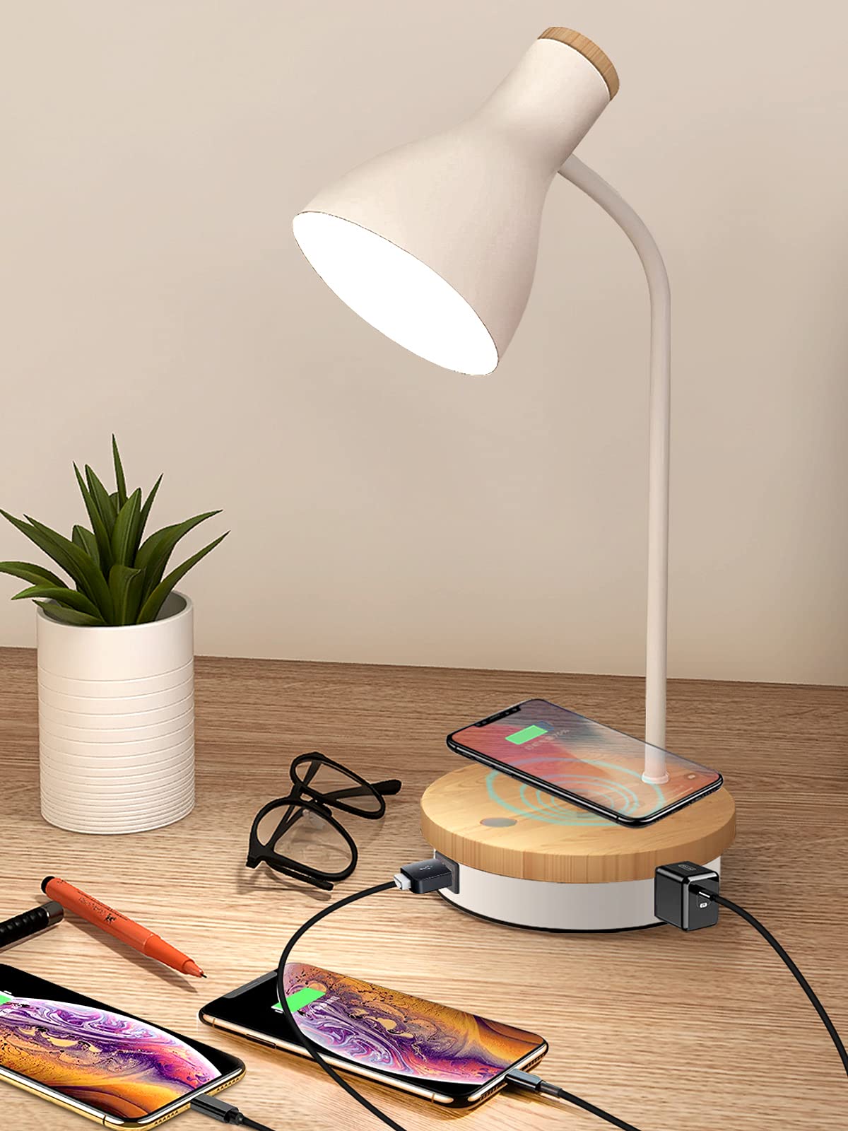 Metal Desk Lamp Wireless Charging Table Lamp Touch Reading Lights Arc Desk Lamps for Bedroom, 3 Way Dimmable Bedside Lamp with U