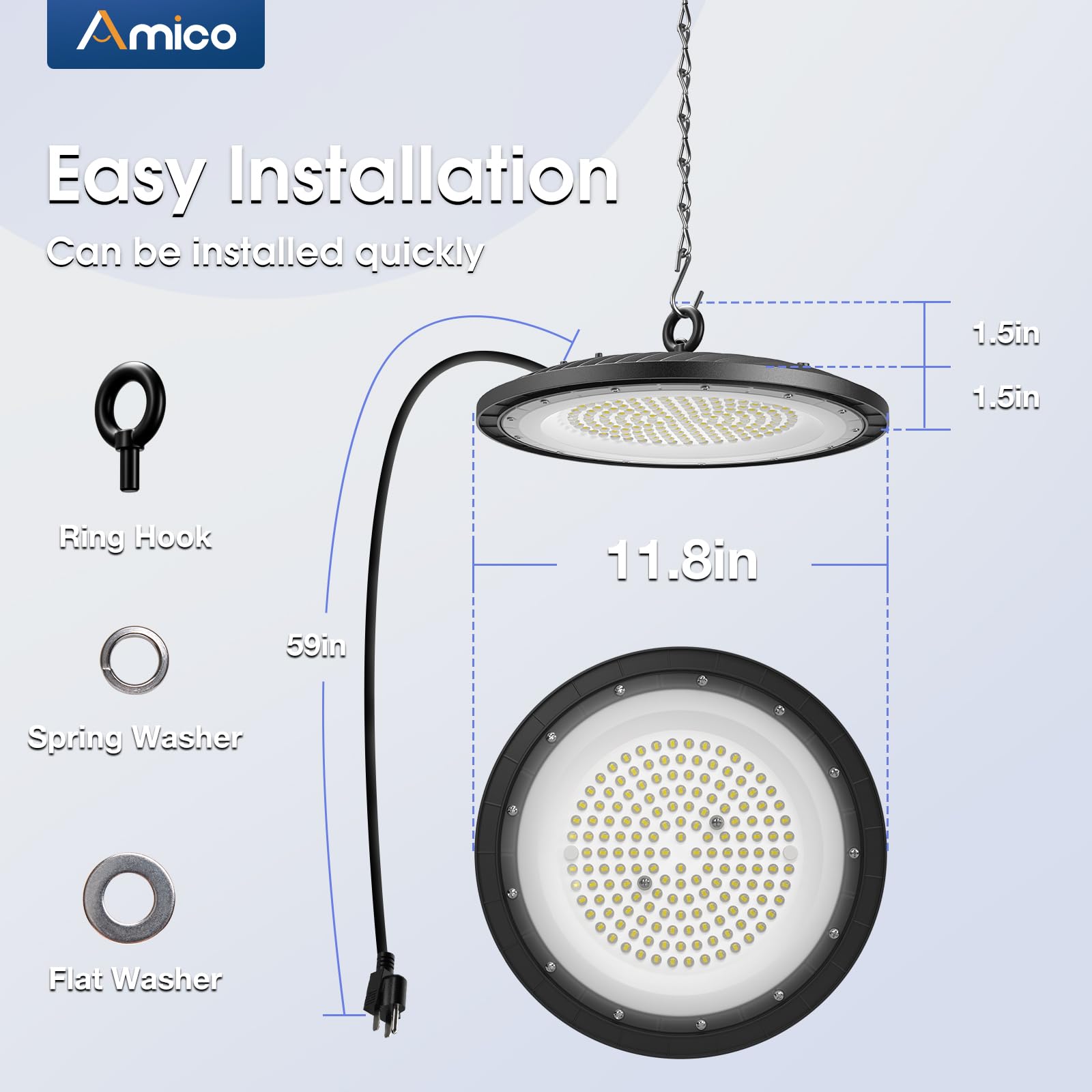Amico Ufo Led High Bay Light 150W 21000Lm 5000K High Bay Led Shop Lights For Workshop Warehouse Barn With Ul Listed Us Hook 5 Cable Alternative To 650W Mh/Hps For Commercial Lighting Fixture 20 Pack