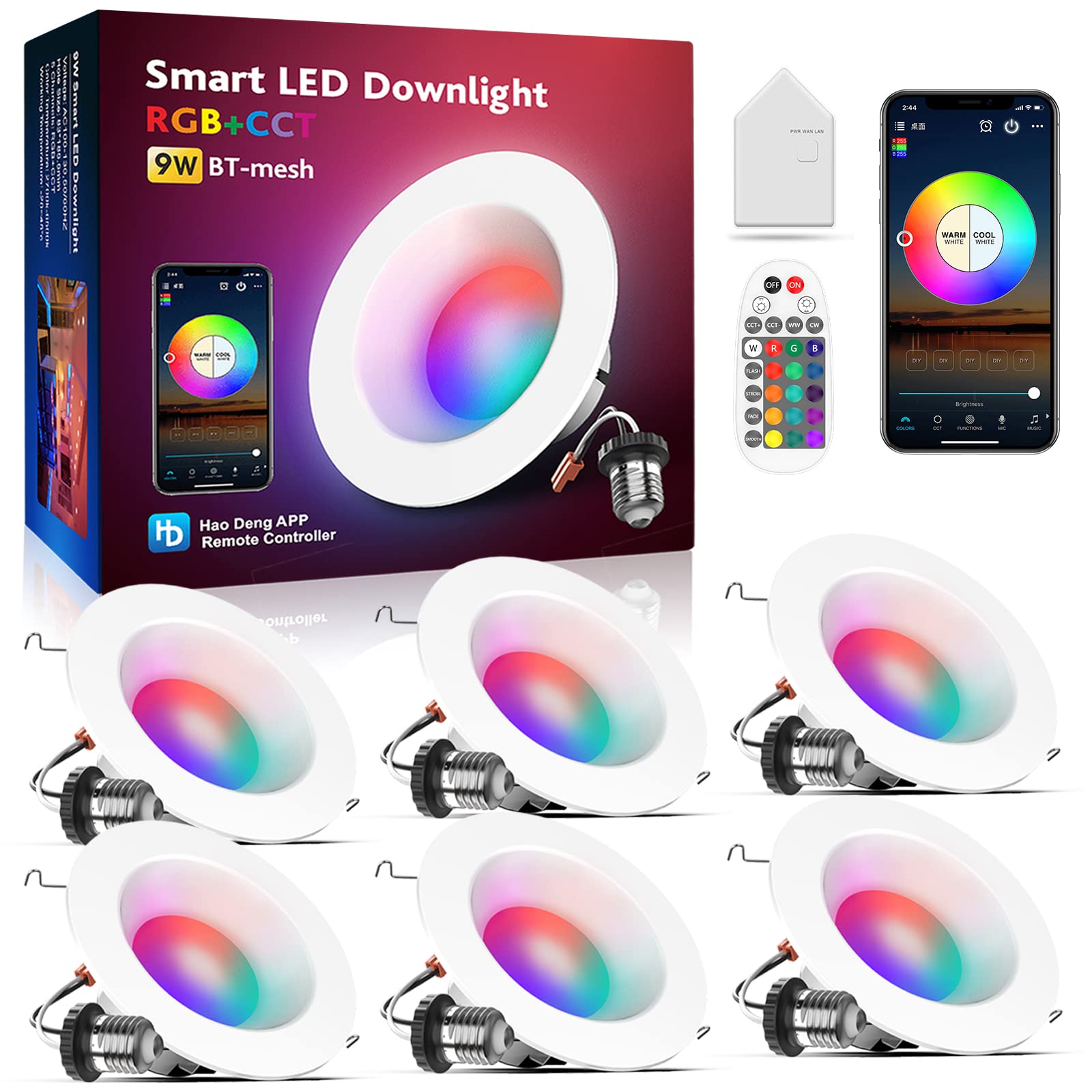 VANANCE Smart Can Light 6 Inch, WiFi & Bluetooth LED Downlight 6Pack, Multicolorred, Dimmeble, 2700K-6500K CCT Selectable, RGBCW