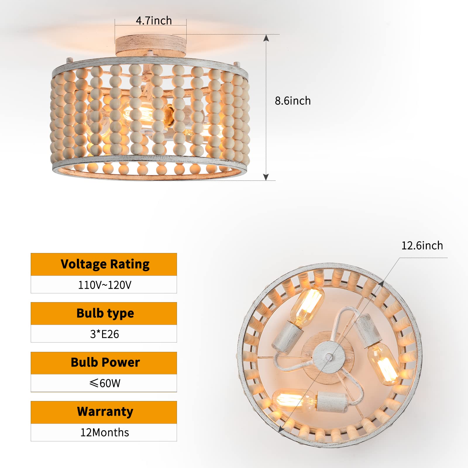 tewei Wood Beaded Chandelier Light Fixture, 3-Light Rustic Ceiling Light, Oak White, E26 Base, Model XMSMZCD-1