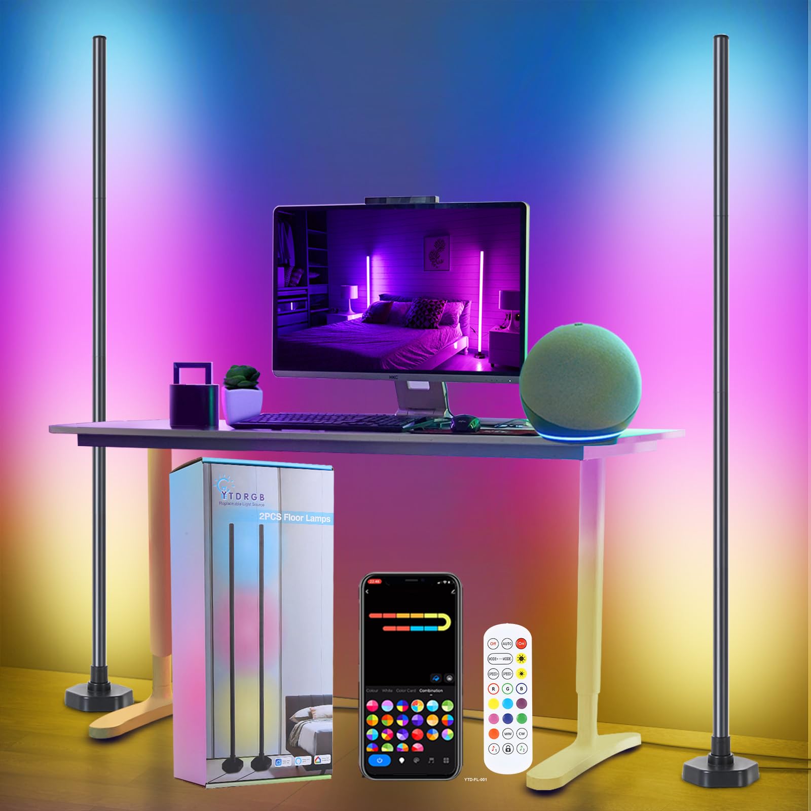 YTDRGB LED Floor Lamp, Corner Lamp Compatible with Alexa, Set of 2 Corner Floor Lamp with Music Sync, Controlled Synchronously o