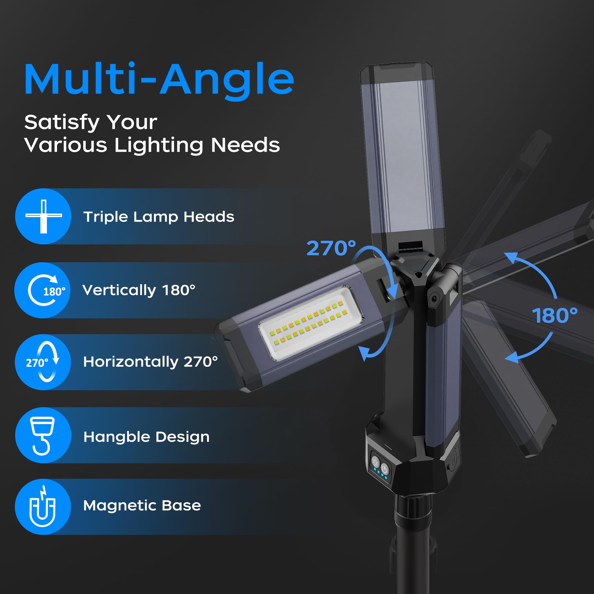 Rechargeable LED Work Light with Stand, 67 Tall Portable Cordless Work Light, 8AH Battery, 500/1500/2500 Lumen, 4000/6500K Dimma