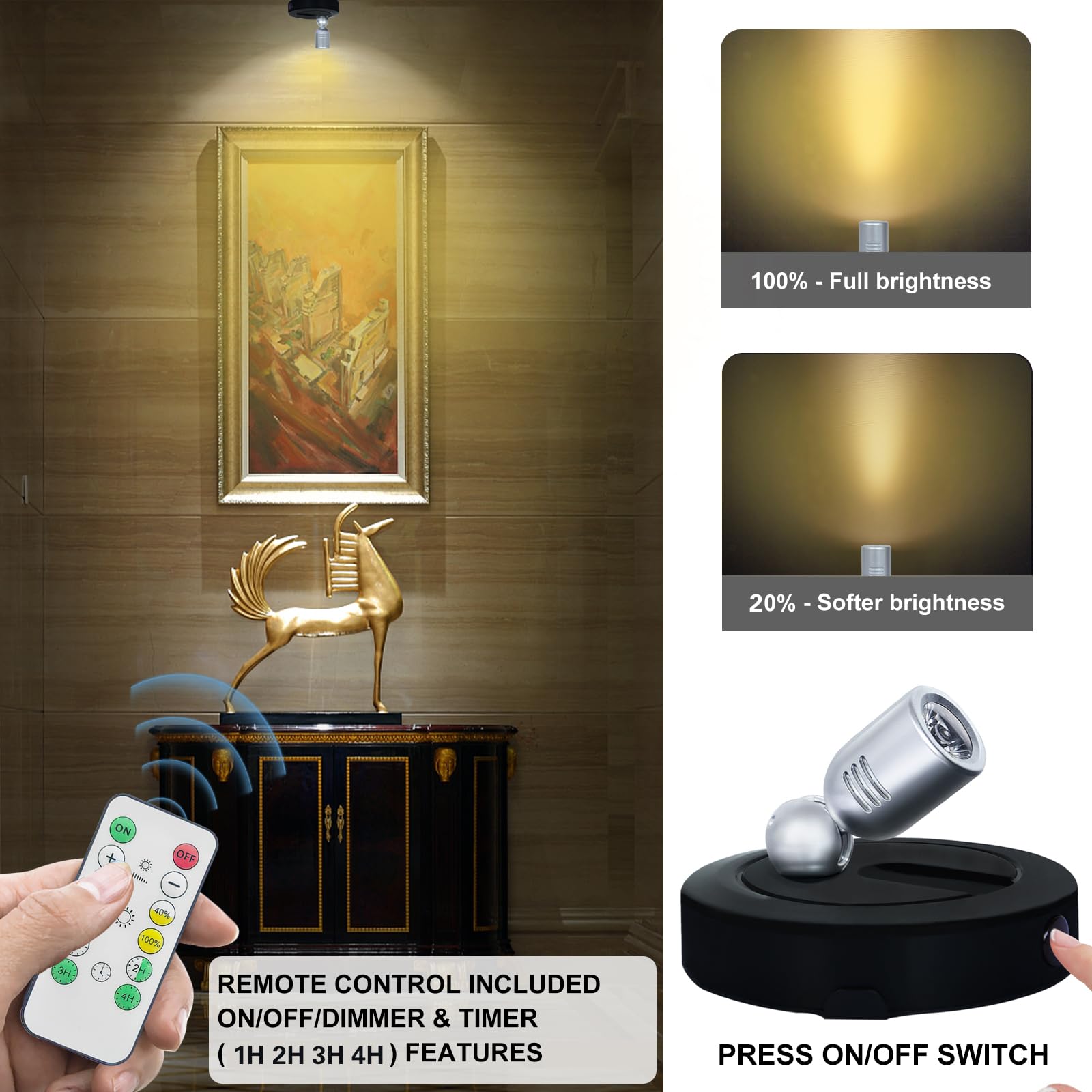 Hamvidne Spotlight Indoor, Battery Powered Spot Lights With Remote, Plant Uplights, Timer Dimmable Tree Spotlights, Picture Ligh