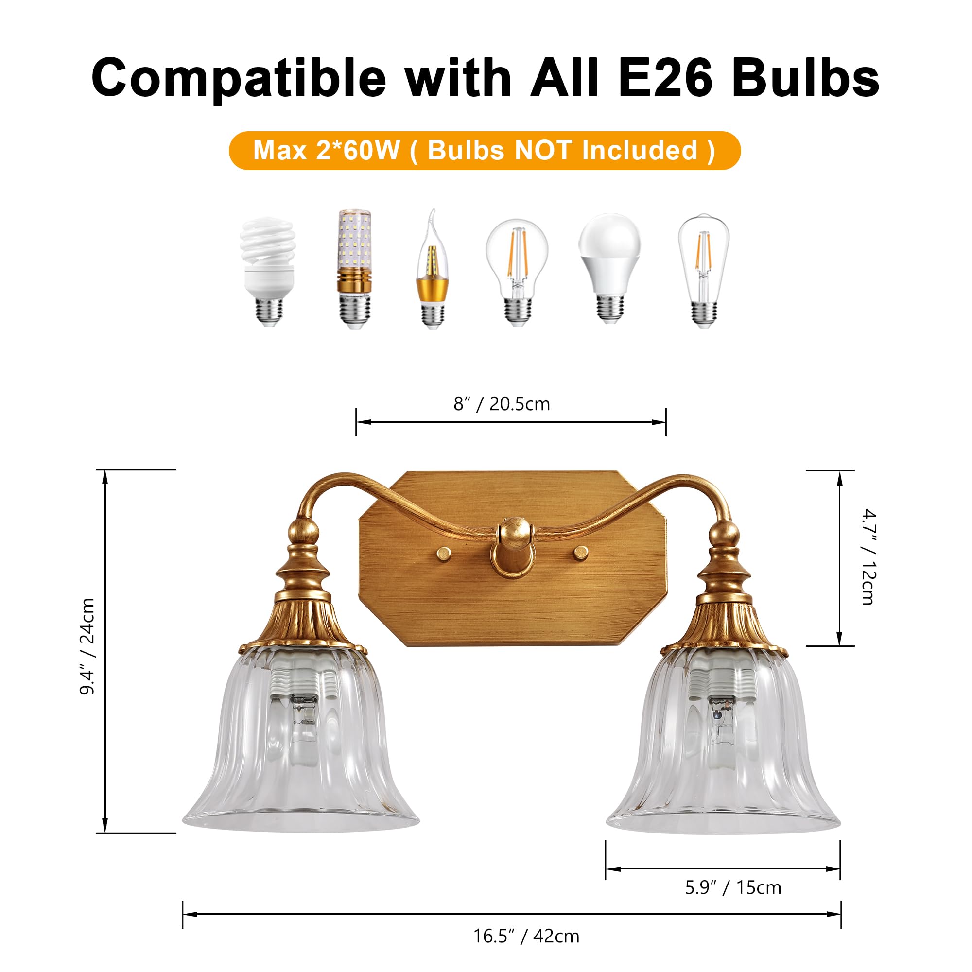 Lmnlvn Bathroom Vanity Gold Light Fixture  2 Lights Bathroom Lighting Matte Antique Brass Finish With Crystal Glass Shade  Gold Vintage Vanity Light For Bathrooms