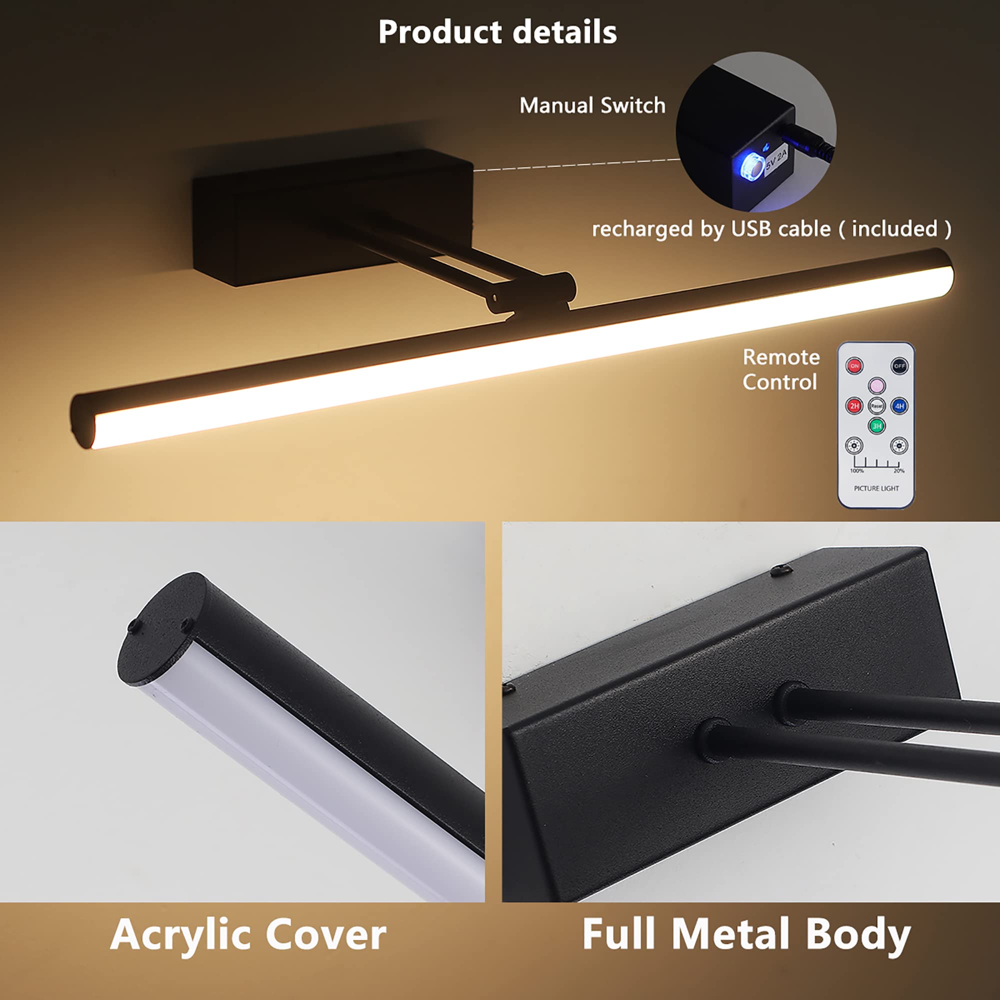 Howmzon Picture Light,20Inches Picture Frame Light, Art Light For Paintings,Rechargeable Picture Light Battery Operated, Picture