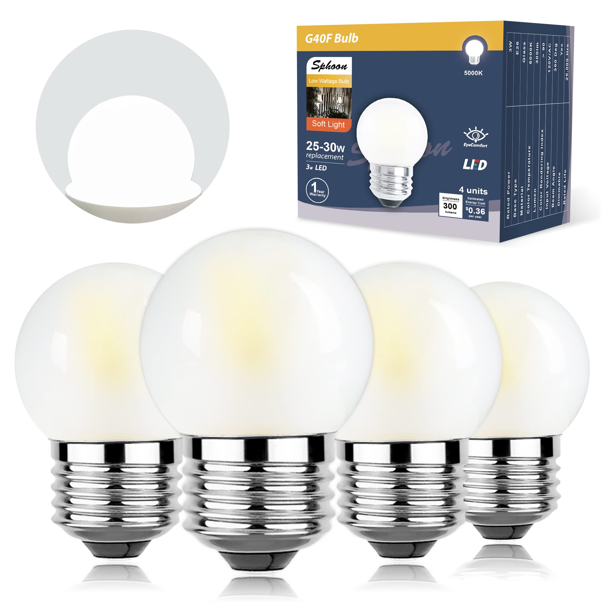 Sphoon Dimmable 3W Led Bulb Equivalent 25 Watt Light Bulbs, Daylight 5000K, E26 Medium Base, Frosted, 300 Lumens, Cri 90+, G40 3