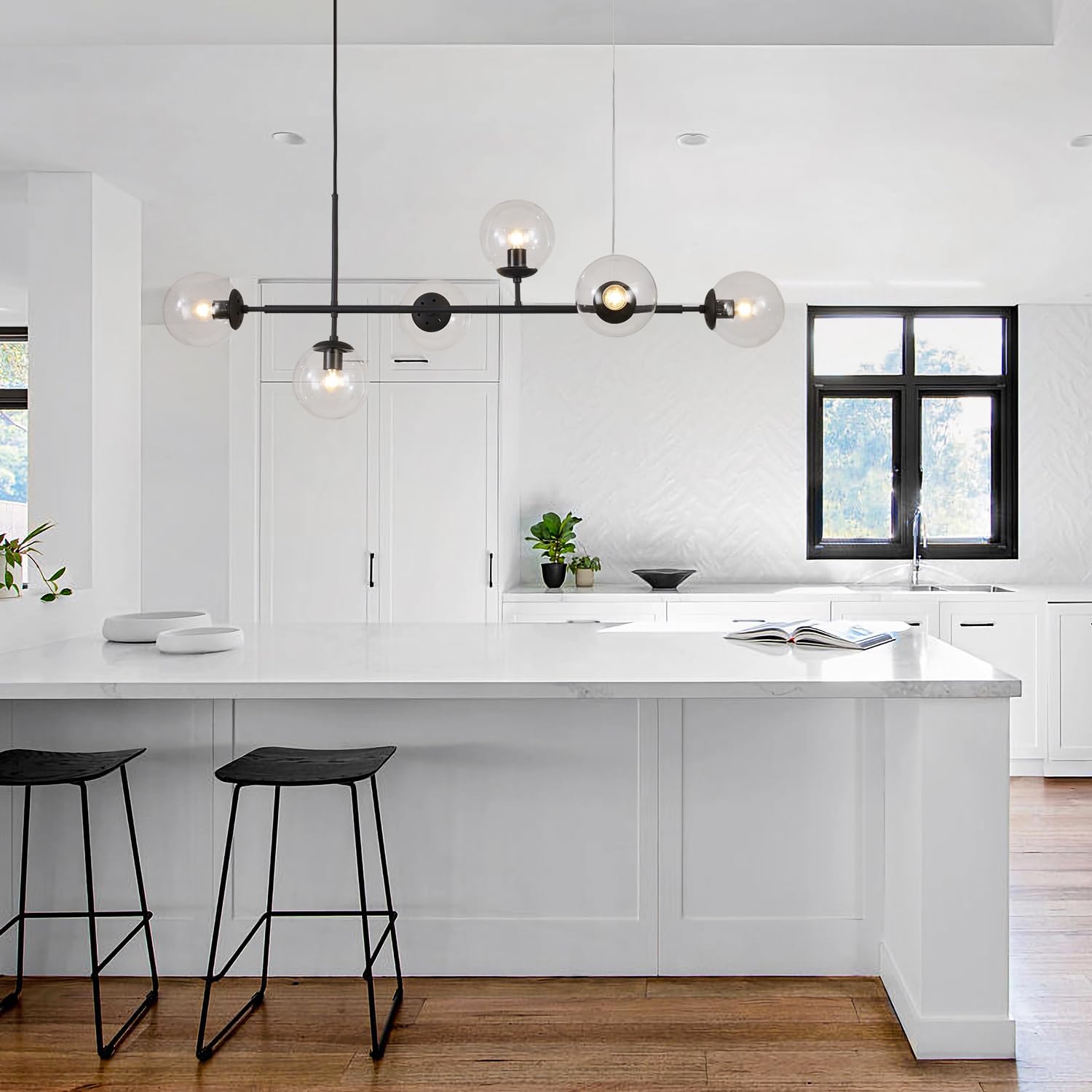 KCO 6-Light Clear Glass Globe Pendant Light Mid Century Modern Chandelier Black+Clear Linear Kitchen Island Lighting