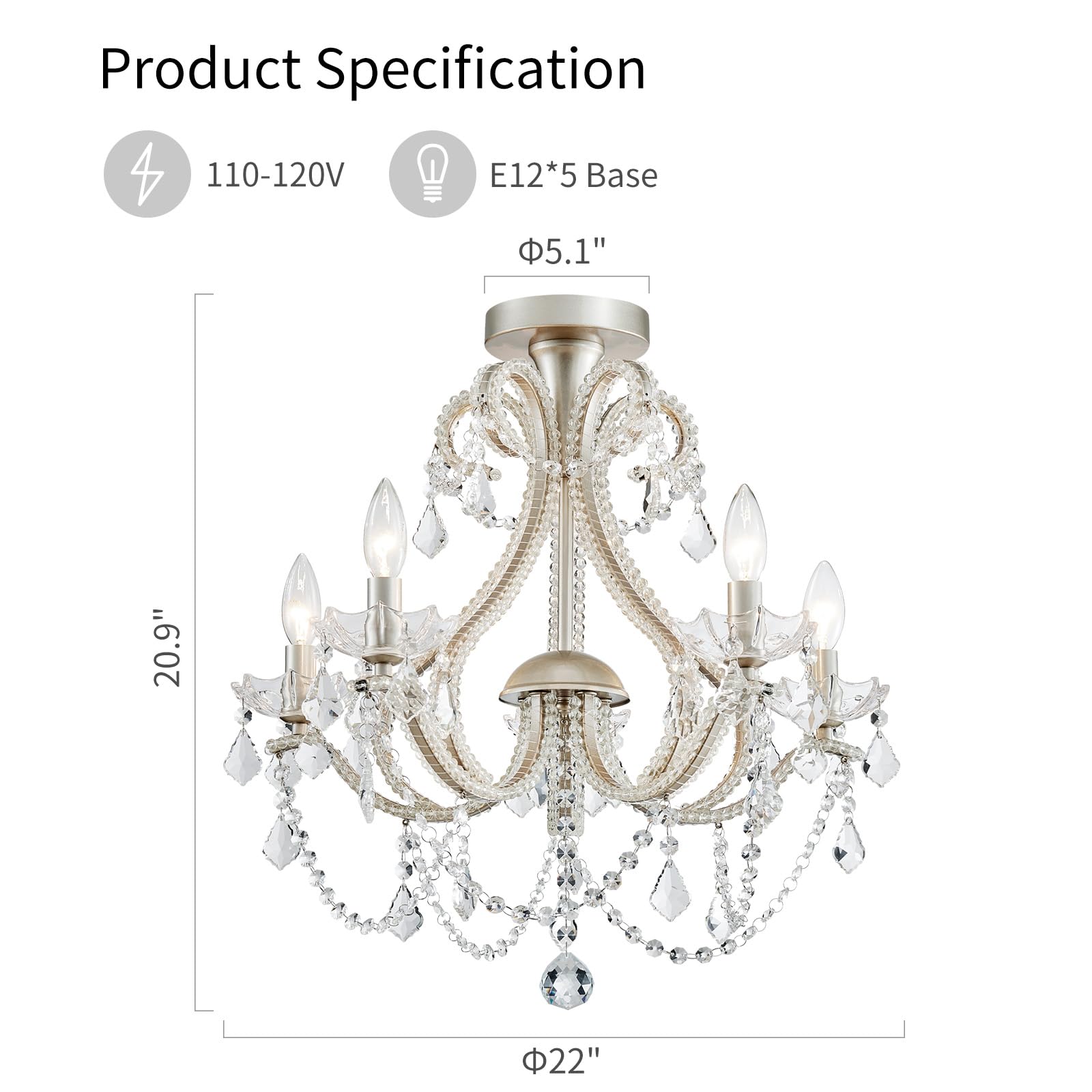 WUZUPS 5-Light Crystal Candle Chandelier, Brushed Nickel, 20.9" H x 22" W, Metal Flushmount Ceiling Light for Bedroom, Hallway, Kitchen, Bathroom