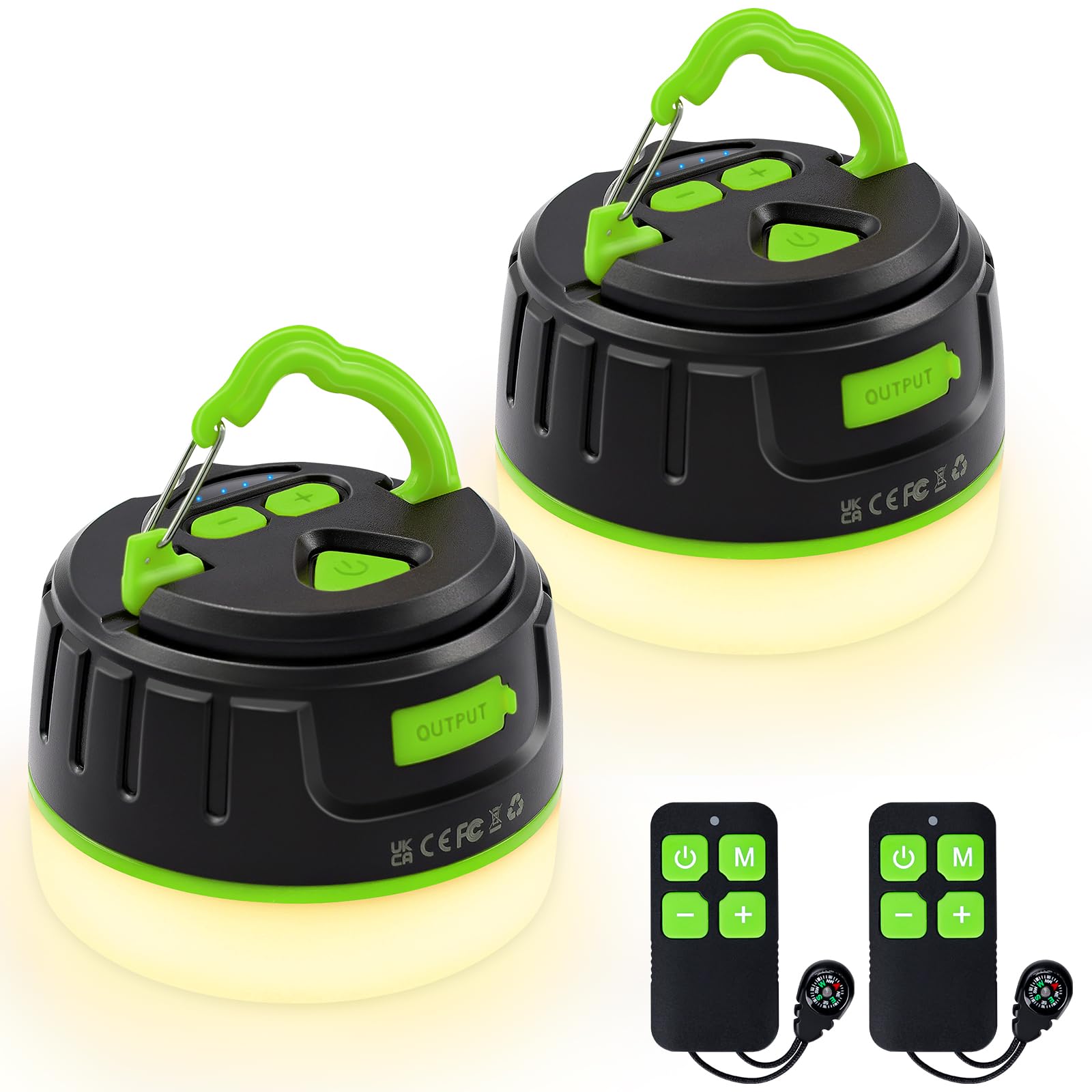 Sinvitron LED Camping Lantern - 1000LM, 150H Runtime, 5200mAh, Water-Resistant, 2-Pack, Black/Green, Model C5-P