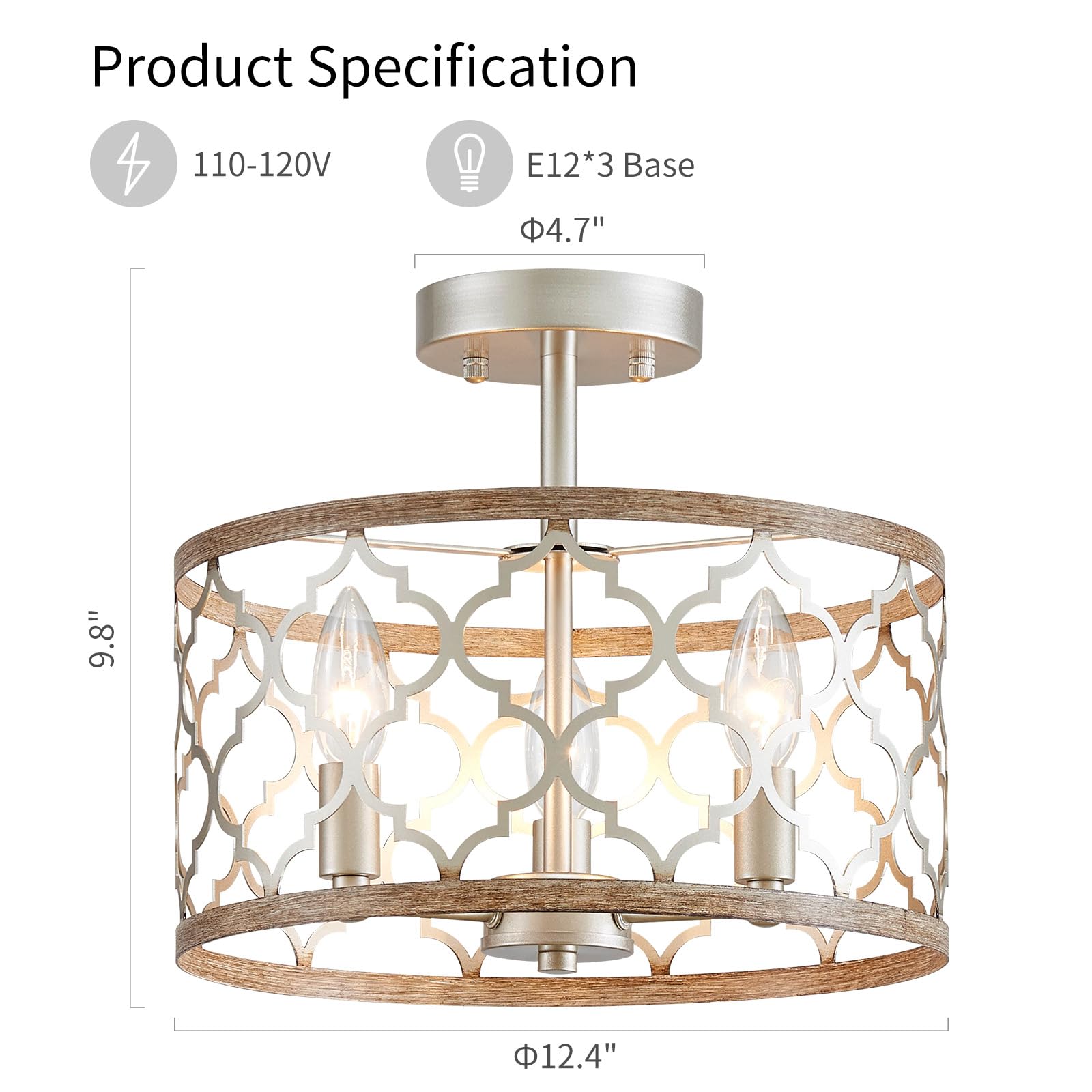 WUZUPS Chandelier 3-Light Vintage Farmhouse Ceiling Light Fixture, H 9.8in x W 12.4in, Nickel & Wood compatible with, Model USHD900040BN