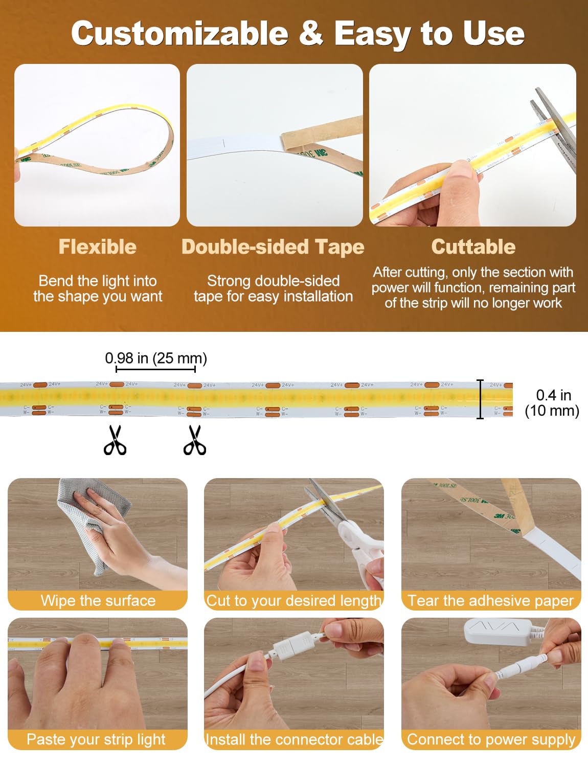 Cob Led Strip Light 16.4Ft  Dimmable 2300K-6500K White Cct Tunable  Dc 24V Cuttable Led Tape Light  High Density 3040 Led 36W Cri 90  App Remote Control  Music Mode  For Home Diy  Living Room  Bedroom