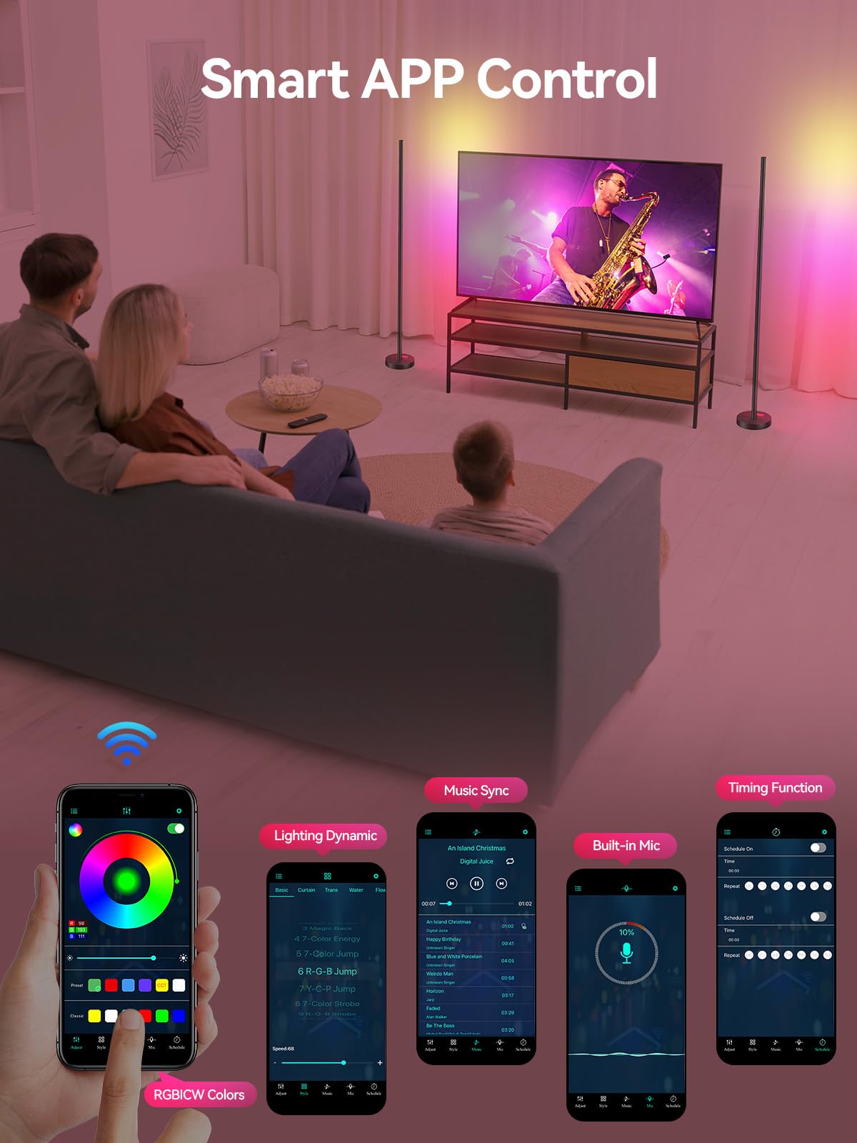 OIYN Smart RGBICW LED Corner Floor Lamp - 16M Colors, Music Sync, App & Remote, Black, 1 Pack, Model LZ-1201000B